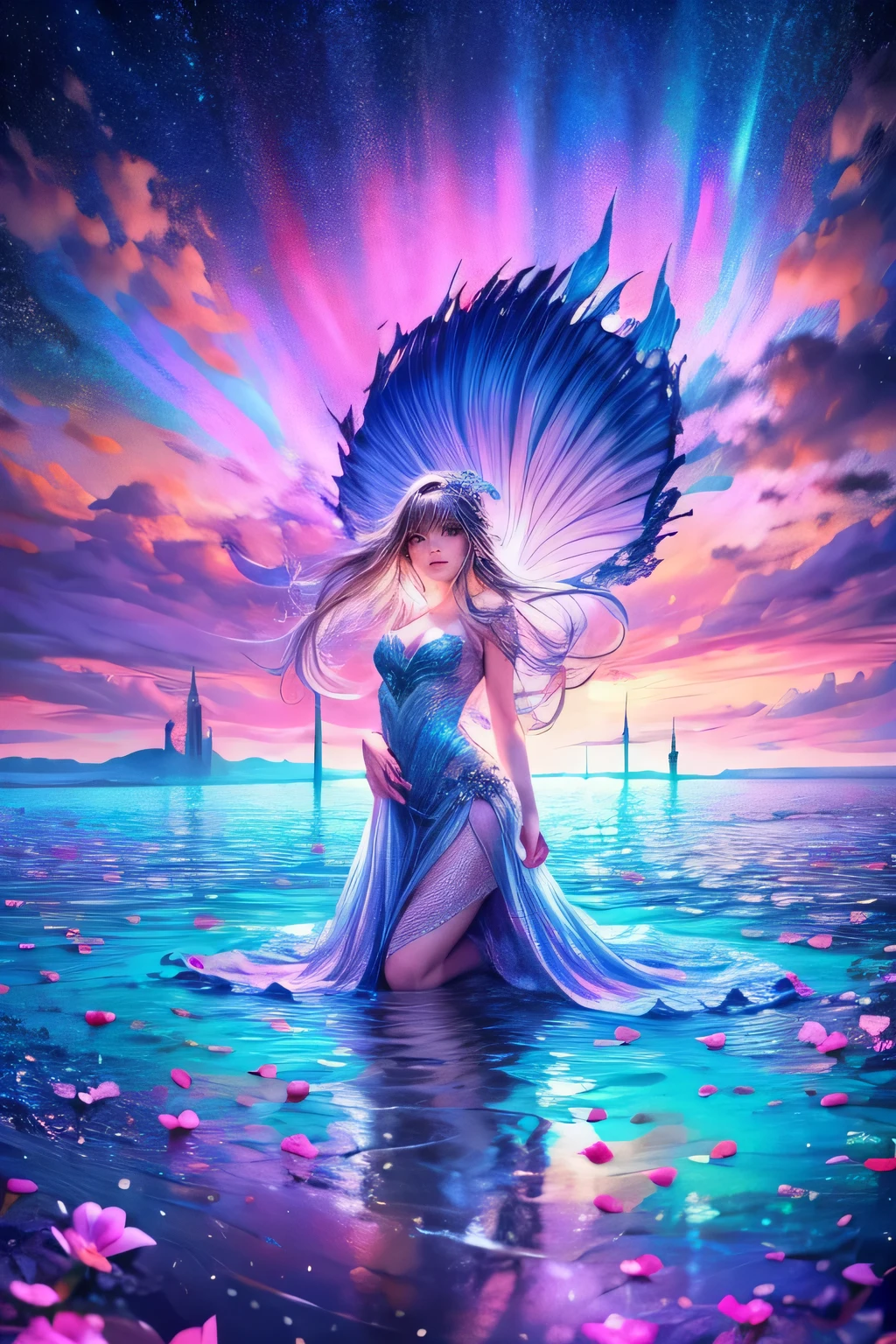 raw photo:1.2, masterpiece, highest quality, 16k, unbelievably absurd, very detailed, perfect beauty, (double exposure vibrant colors silhouette:1.3), (layered vibrant colors silhouette:1.2), (water world photo scenery), diamond dust, starry sky with aurora, flowing sheer dress, flowy long hair, (lake:1.2), (realistic photo scenery), (starlight), (ballerina girl dancing,romantic tutu), 