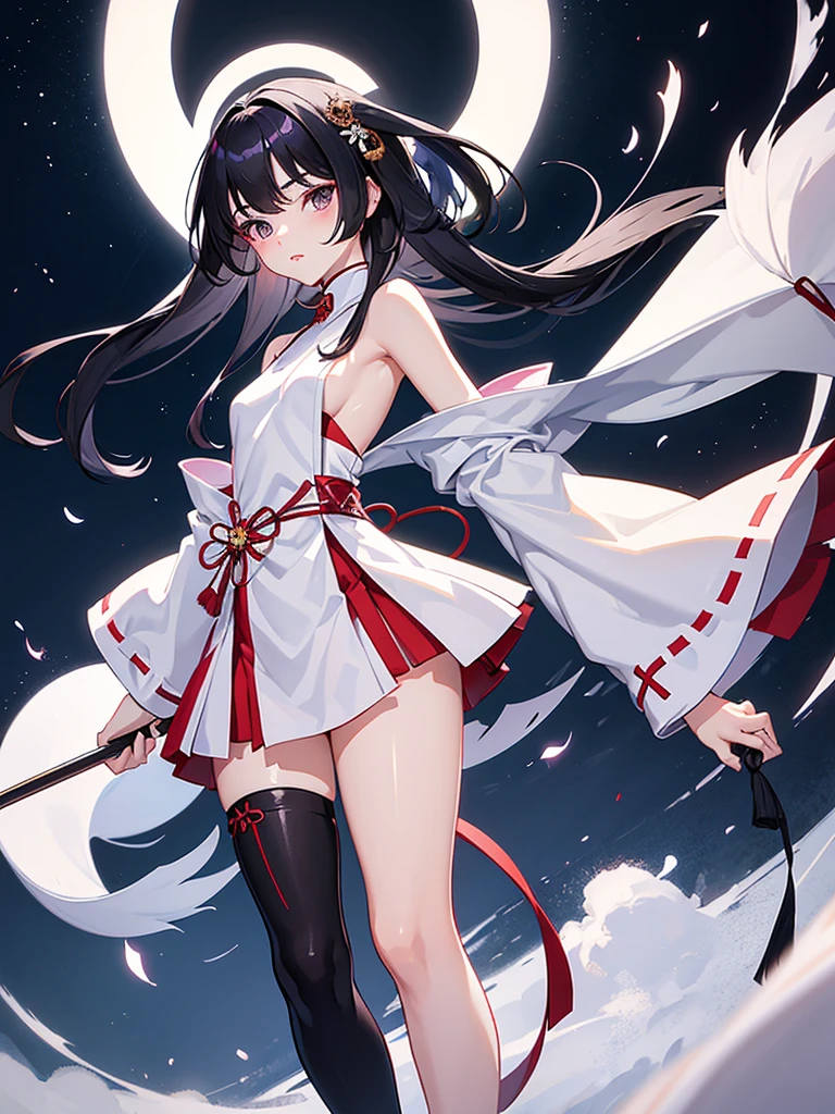 Miko Girl, Jet Black Eyes, Pretty Lips, Baby Face, Short Stature with thin waist and thin chest plate, short stature with black hair with shoulder mouths, bangs are hairstyles around the eyebrows, white and light purple shrine maiden clothes,