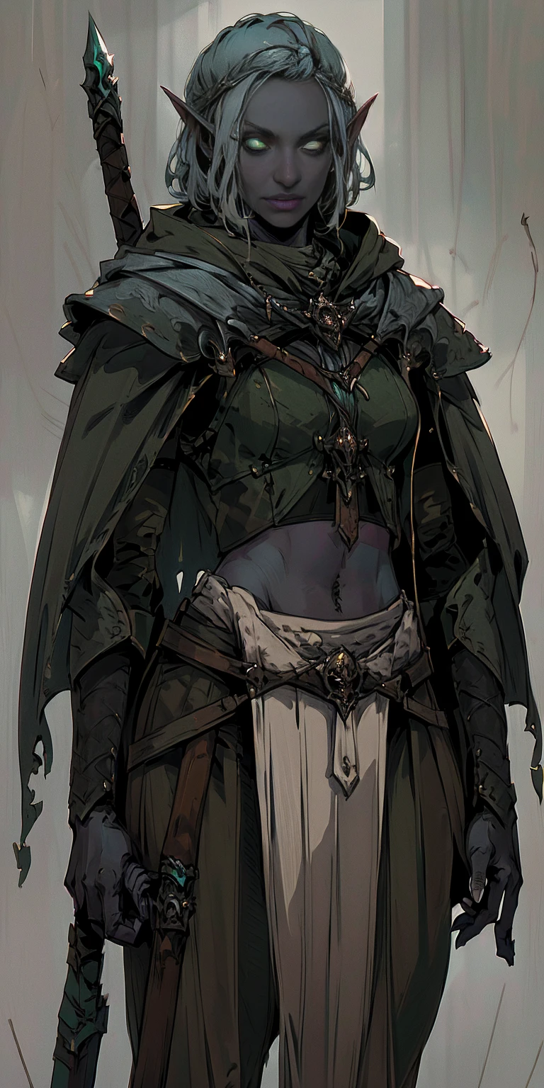 masterpiece, detailed, character, dungeons and dragons character, 1sologirl, drow elf girl ((hunter)) (silver white) medium-short hair (hair braid) cute face, detailed face, detailed eyes, green eyes ((holding long (spear:1) in hands:1.1)) (wearing fantasy (drow elf (hunter outfit)) brown pants, green jacket, cool crop top, outfit with cape and hood) ((simple background, grey color background))