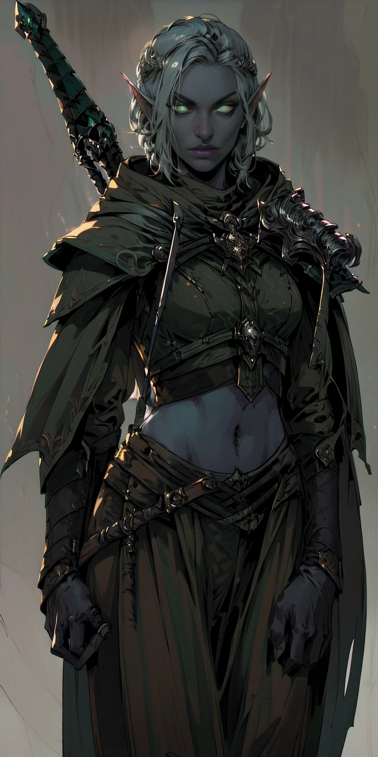 masterpiece, detailed, character, dungeons and dragons character, 1sologirl, drow elf girl ((hunter)) (silver white) medium-short hair (hair braid) cute face, detailed face, detailed eyes, green eyes ((holding long (spear:1) in hands:1.1)) (wearing fantasy (drow elf (hunter outfit)) brown pants, green jacket, cool crop top, outfit with cape and hood) ((simple background, grey color background))