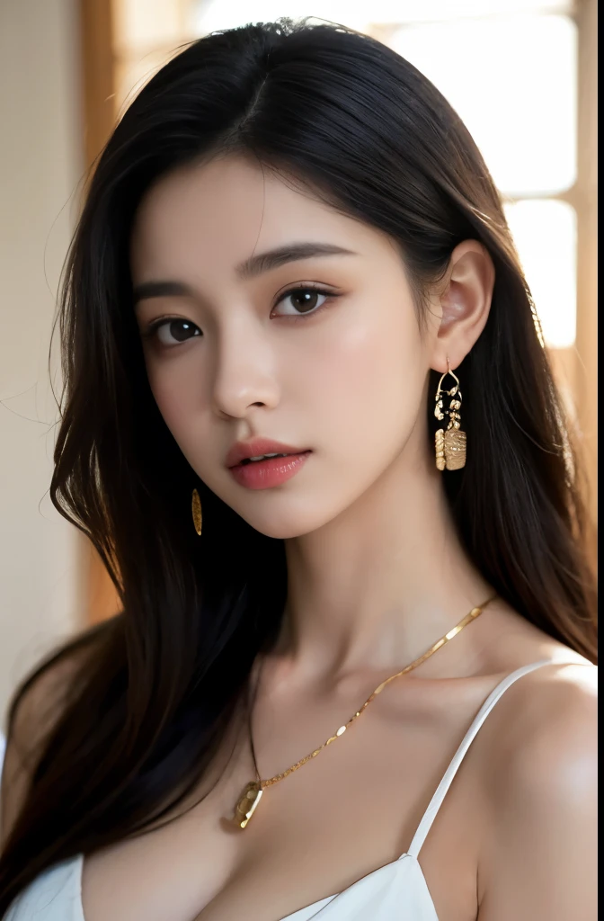(masterpiece:1.3), (8 thousand, realistic, RAW photos, best quality: 1.4), (1 woman),(very sexy), (Beautiful makeover), (유난히 아름다운 realistic 얼굴), (Build a beautiful body) , (beautiful face), (beautiful face), (long eyelashes), (double eyelid), (realistic face), (black hair. parted, long hair:1.3), (아름다운 parted스타일), (realistic eyes), (really beautiful and delicate eyes), (beautiful and big breasts),(realistic skin), (beautiful skin), (absurd), (attractive), (ultra high resolution), (extremely realistic), (very detailed), (golden ratio), (necklace), (earring), (So beautiful and sexy)