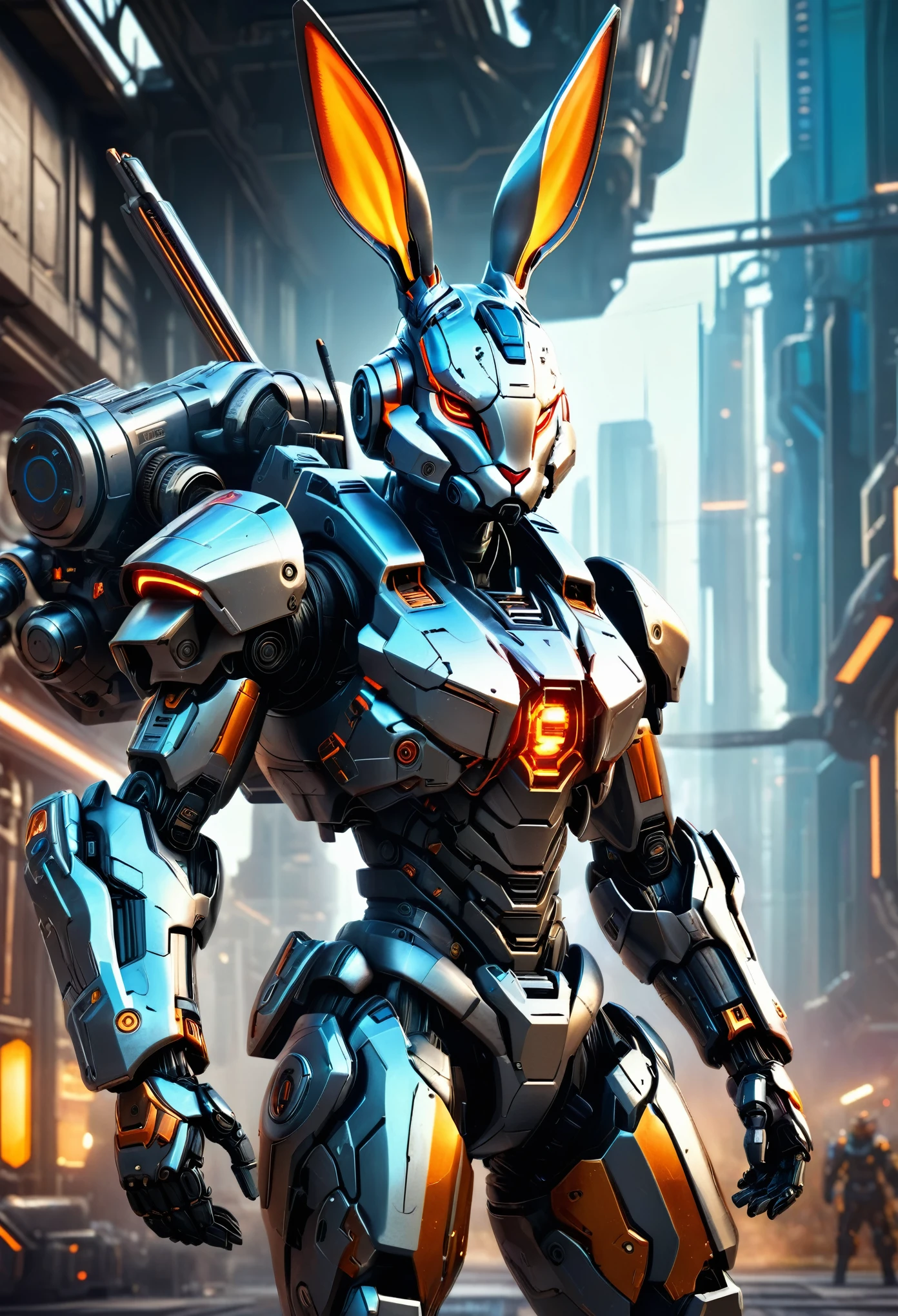 A mech with rabbit ears in a futuristic combat stance, rich in details, steel texture, cool and sci-fi vibe, enhanced by studio lighting effects like HDR and ultra-fine painting, set against a sci-fi background, highres, vivid colors, with a focus on realistic rendering and extreme detail description.