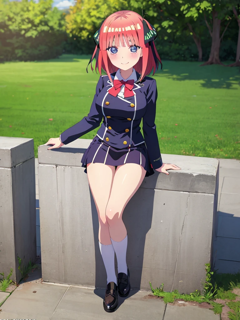 best quality, ultra-detailed masterpiece, anime art style, cute characters, nino nakano, breasts, blush, smile, full body, uniform