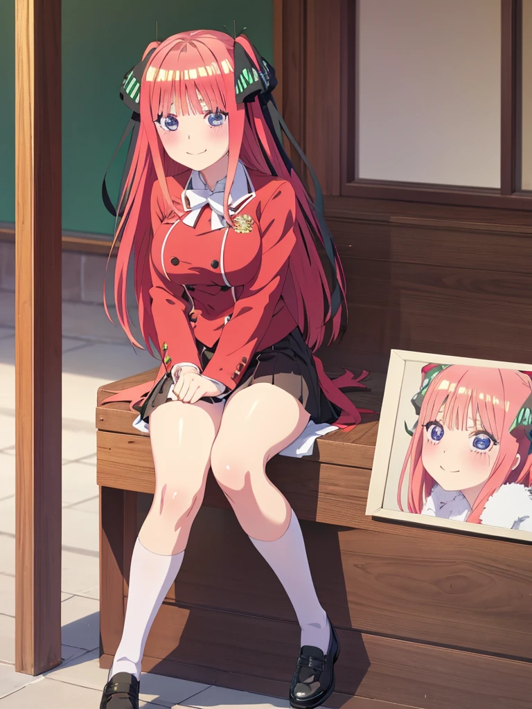 best quality, ultra-detailed masterpiece, anime art style, cute characters, nino nakano, breasts, blush, smile, full body, uniform