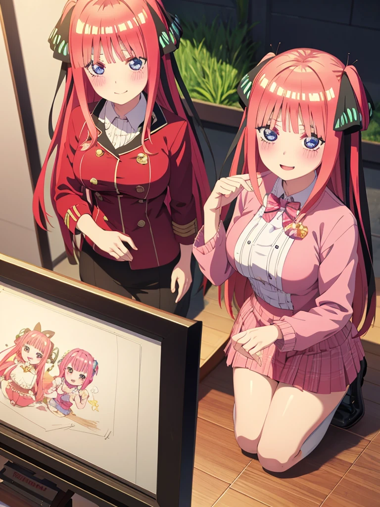 best quality, ultra-detailed masterpiece, anime art style, cute characters, nino nakano, breasts, blush, smile, full body, uniform