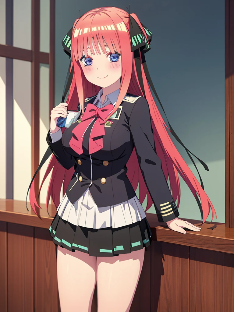 best quality, ultra-detailed masterpiece, anime art style, cute characters, nino nakano, breasts, blush, smile, full body, uniform