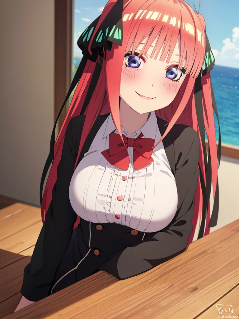 best quality, ultra-detailed masterpiece, anime art style, cute characters, nino nakano, breasts, blush, smile, full body, uniform