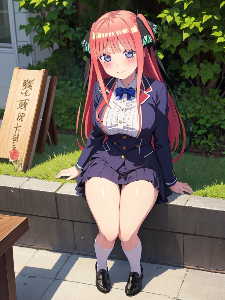 best quality, ultra-detailed masterpiece, anime art style, cute characters, nino nakano, breasts, blush, smile, full body, uniform