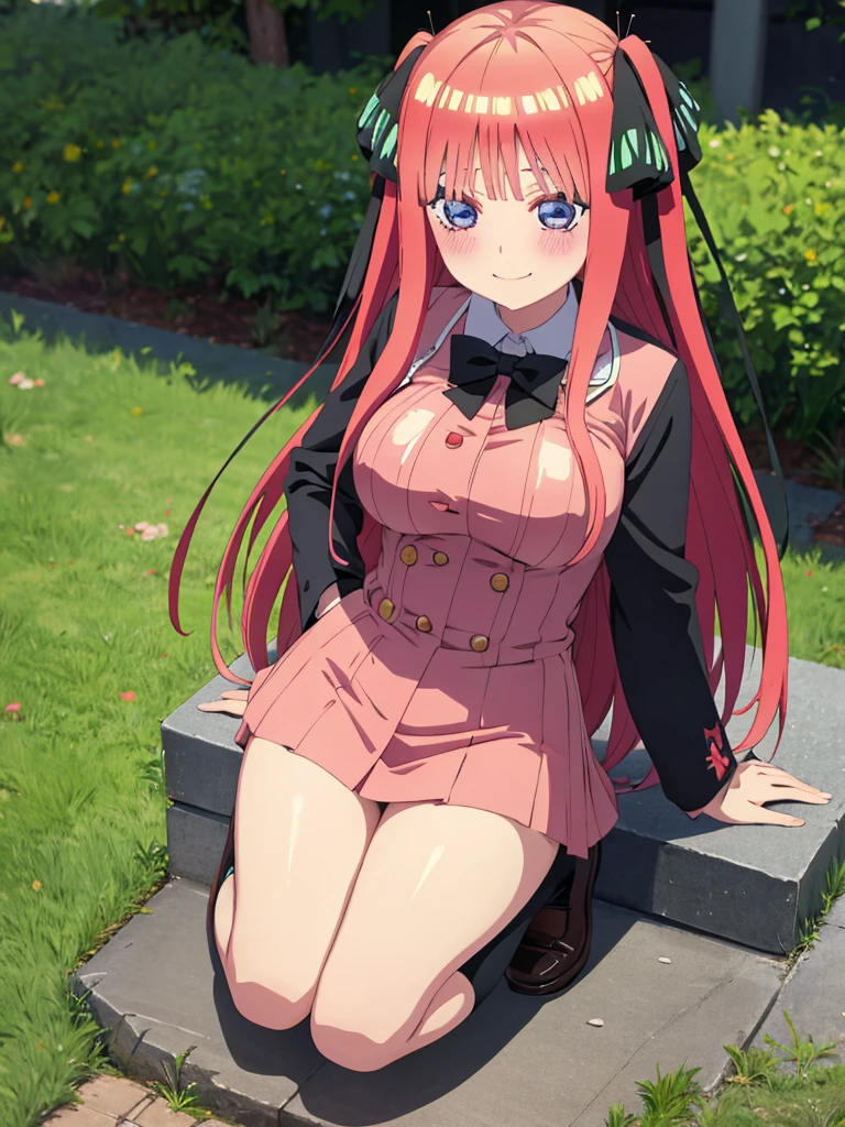 best quality, ultra-detailed masterpiece, anime art style, cute characters, nino nakano, breasts, blush, smile, full body, uniform