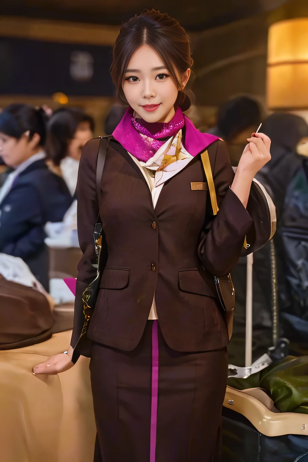 masterpiece:1.2、highest quality:1.2)、32K HDR、High resolution、(alone、1 girl、Slim figure)、Young Asian Woman、(Realistic style with ETIHAD Airways Cabincrew Uniform)、 (At the airport counter, Professional Lighting)、A proper woman, Beautiful Face,、(ETIHAD Airways Cabincrew Uniform)、、(Scarf around the neck)、Big Breasts、(Long hair updo、Chignon)、Dark brown hair、Long Shot、((Fine hand:2.0))、((Harmonious body proportions:1.5))、((Normal limbs:2.0))、((Normal finger:2.0))、((Delicate eyes:2.0))、((Normal eyes:2.0)))、Beautiful standing posture、smile