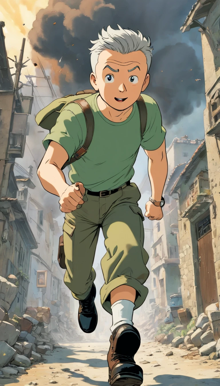 Tintin, 50 years old male wearing army green t-hirt, camouflage army pants and black leather boots, slick and neat short grey hair, herge, european comics, jump high fast forward camera from army bas3 explosion, action movie scene background 