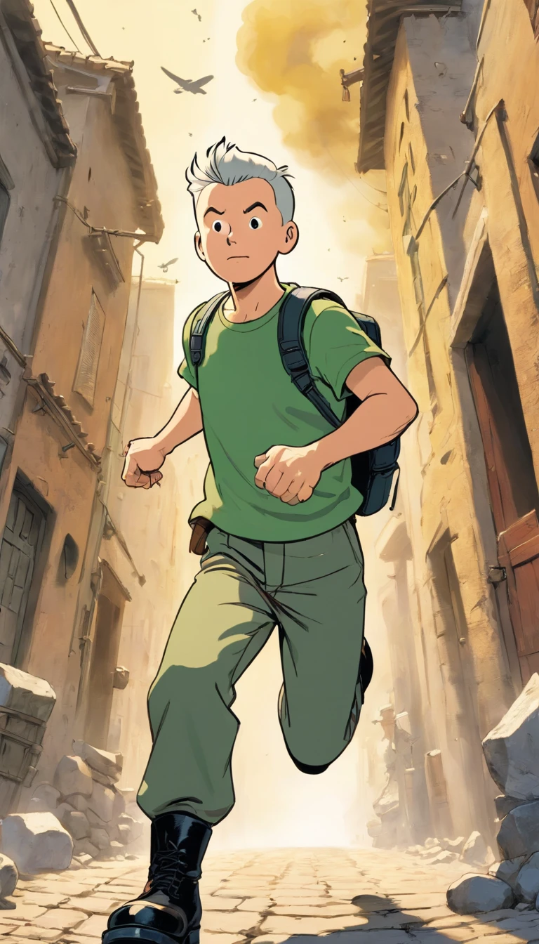 Tintin, 50 years old male wearing army green t-hirt, camouflage army pants and black leather boots, slick and neat short grey hair, herge, european comics, jump high fast forward camera from army bas3 explosion, action movie scene background
