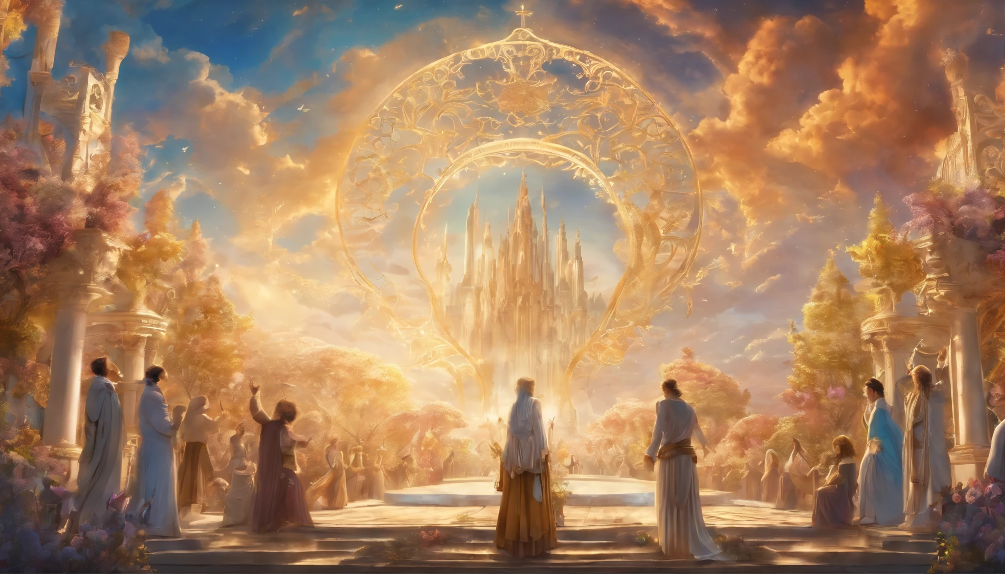 The Rapture ,Thousands of people are floating in the air,Standing on the clouds, Thousands of people are dressed in white, Raise your hands and sing hymns to praise God. The scenes are magnificent and surreal. (Best Quality, 4k, 8K, high resolucion, Masterpiece:1.2), Ultra-detailed, (realisitic, Photorealistic, Realistis:1.37), portrait of a, Vivid colors, studio lit, Sharp focus, physics based rendering, extreme detail description, Biblical Topics, grand ambience, radiant light.