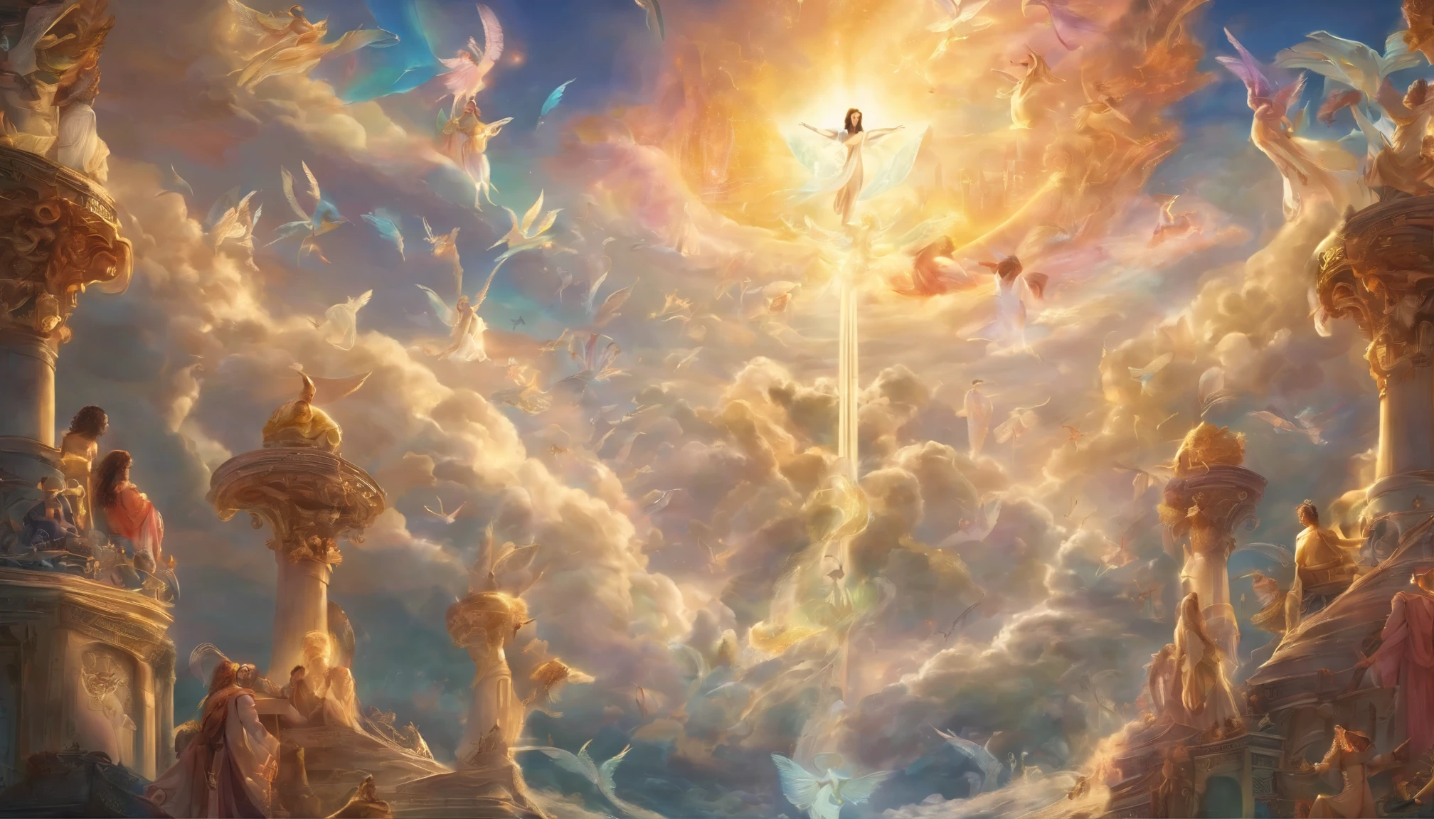 The Rapture ,Thousands of people are floating in the air,Standing on the clouds, Thousands of people are dressed in white, Raise your hands and sing hymns to praise God. The scenes are magnificent and surreal. (Best Quality, 4k, 8K, high resolucion, Masterpiece:1.2), Ultra-detailed, (realisitic, Photorealistic, Realistis:1.37), portrait of a, Vivid colors, studio lit, Sharp focus, physics based rendering, extreme detail description, Biblical Topics, grand ambience, radiant light.