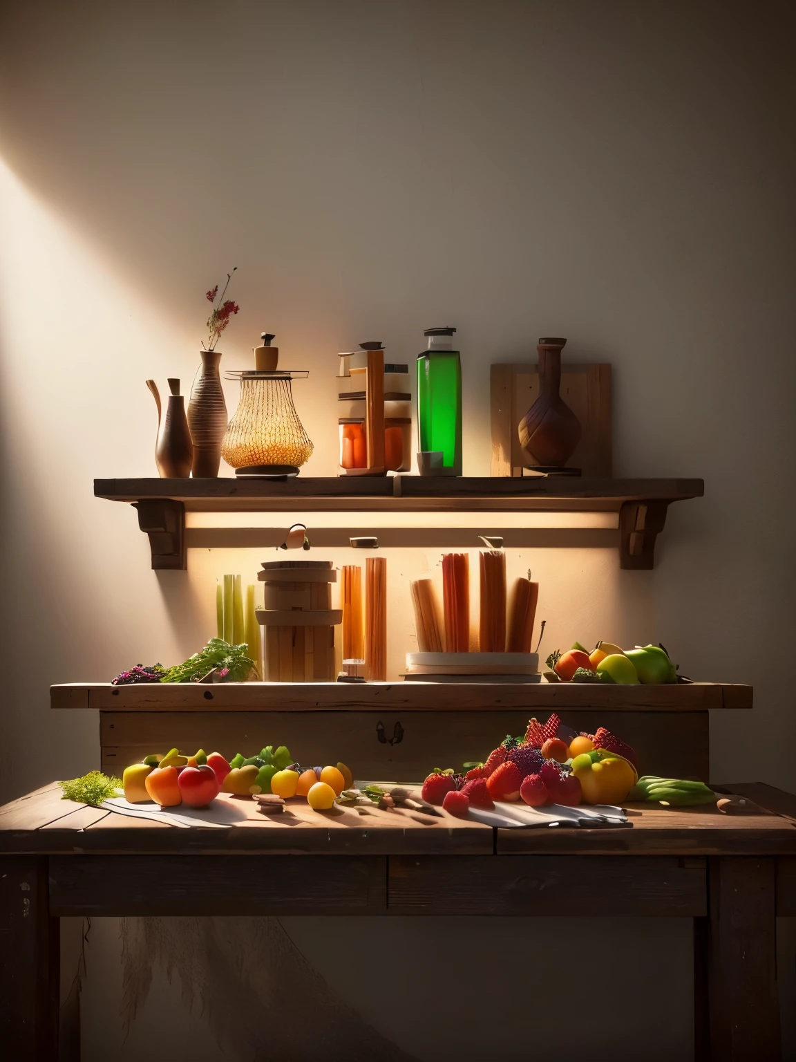 A high quality still life painting of an assortment of fresh fruits and vegetables arranged on a wooden table, (best quality,4k,8k,highres,masterpiece:1.2),ultra-detailed,(realistic,photorealistic,photo-realistic:1.37),HDR,studio lighting,vivid colors,natural light,intricate details,wooden table,rustic,organic,seasonal,harvest,abundance