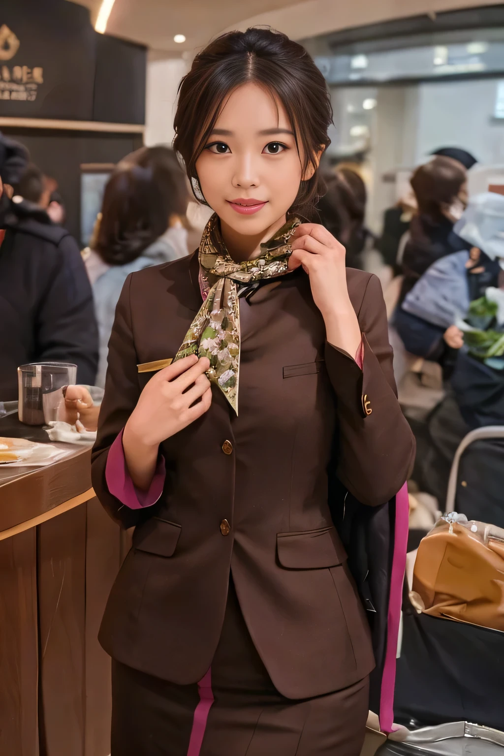 masterpiece:1.2、highest quality:1.2)、32K HDR、High resolution、(alone、1 girl、Slim figure)、Young Asian Woman、（Realistic style with ETIHAD Airways Cabincrew Uniform）、 (At the airport counter, Professional Lighting)、A proper woman, Beautiful Face,、（ETIHAD Airways Cabincrew Uniform）、、（Scarf around the neck）、Big Breasts、（Long hair updo、Chignon）、Dark brown hair、Long Shot、（（Fine hand：2.0））、（（Harmonious body proportions：1.5））、（（Normal limbs：2.0））、（（Normal finger：2.0））、（（Delicate eyes：2.0））、（（Normal eyes：2.0））)、Beautiful standing posture、smile