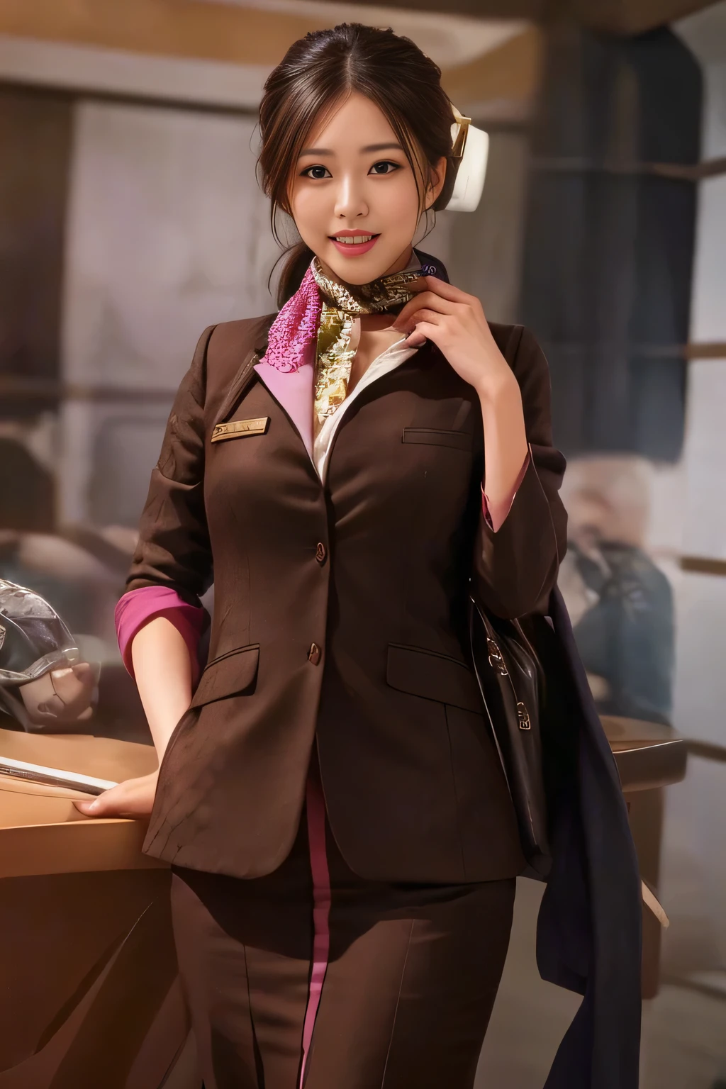 masterpiece:1.2、highest quality:1.2)、32K HDR、High resolution、(alone、1 girl、Slim figure)、Young Asian Woman、(Realistic style with ETIHAD Airways Cabincrew Uniform)、 (At the airport counter, Professional Lighting)、A proper woman, Beautiful Face,、(ETIHAD Airways Cabincrew Uniform)、、(Scarf around the neck)、Big Breasts、(Long hair updo、Chignon)、Dark brown hair、Long Shot、((Fine hand:2.0))、((Harmonious body proportions:1.5))、((Normal limbs:2.0))、((Normal finger:2.0))、((Delicate eyes:2.0))、((Normal eyes:2.0)))、Beautiful standing posture、smile
