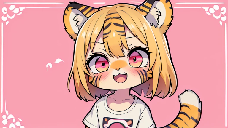 (obra maestra, Alta calidad, mejor calidad, 8K, high resolution), ((estilo chibii, Chibi lindo)), (solo, 1 girl), {Tiger Girl, cara de tigre, 2 colmillos, long eyelashes, delineador de ojos} {bigotes de tigre}, (((Piel de tigre por todo el cuerpo., Rayas de tigre en el cuerpo.))), (pelo naranja), cabello corto, Pinza para el cabello, [[Pinza para el cabello white flower on hair]], ((Muy feliz)), ((boca abierta)), ojos naranjas, [pupilas negras], ((buscando)), (very small breasts), brazos delgados, (un brazo arriba, un brazo hacia abajo), axilas, ((mini camiseta rosa, camiseta rosa completa)), {shorts blancos}, {{{mini cola de tigre, Cola en la espalda}}}, (cuerpo completo), (((de pie, jump angle))), dynamic pose, Fondo blanco, fondo sencillo, ((((Estilo Tora-chan no Hanayome)))), (old anime style 40s), estilo animado, anime color.