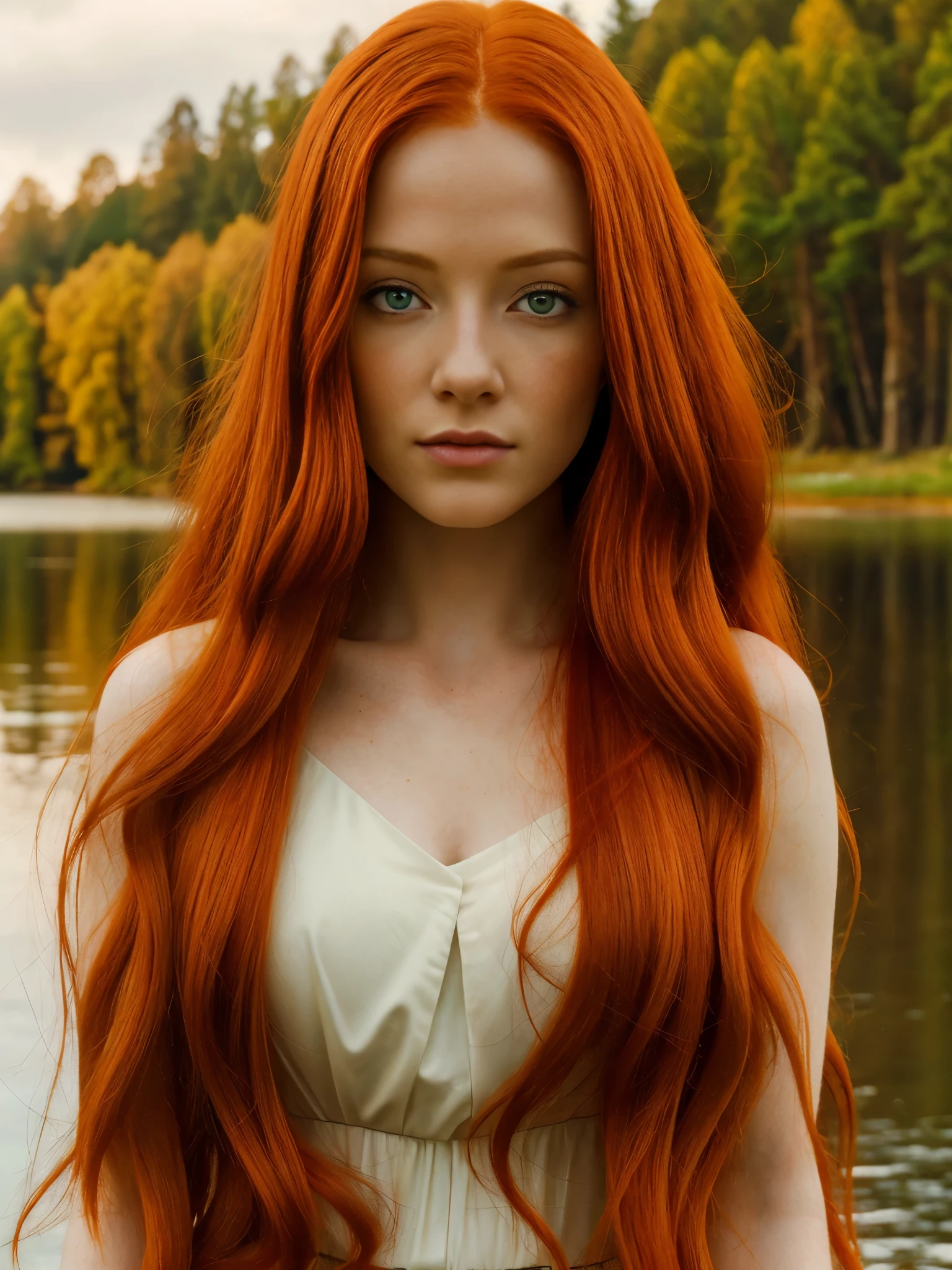 a beautiful redheaded woman with long flowing red hair standing in front of a serene lake, ethereal beauty, gorgeous redhead goddess, stunning red haired young woman, flowing ginger hair, piercing green eyes, detailed facial features, porcelain skin, elegant pose, natural lighting, photorealistic quality, vibrant colors, dramatic lighting, cinematic composition, fantasy art style