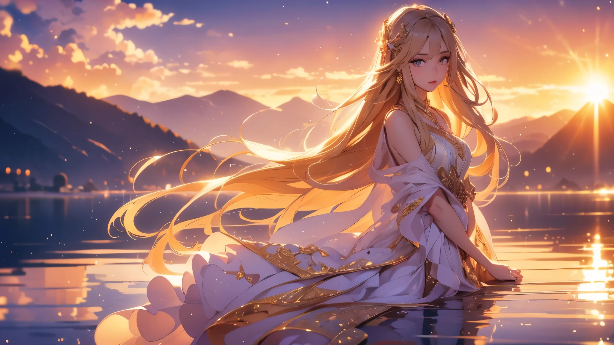 1 girl, serene expression, mesmerizing eyes, straight long hair, flowing dress, poised posture, porcelain skin, subtle blush, crystal pendant BREAK golden hour, (rim lighting):1.2, warm tones, sun flare, soft shadows, vibrant colors, painterly effect, dreamy atmosphere BREAK scenic lake, distant mountains, willow tree, calm water, reflection, sunlit clouds, peaceful ambiance, idyllic sunset, ultra detailed, official art, unity 8k wallpaper , zentangle, mandala