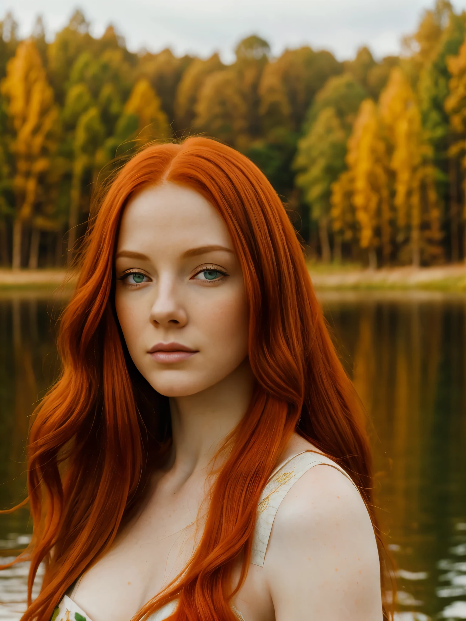 a beautiful redheaded woman with long flowing red hair standing in front of a serene lake, ethereal beauty, gorgeous redhead goddess, stunning red haired young woman, flowing ginger hair, piercing green eyes, detailed facial features, porcelain skin, elegant pose, natural lighting, photorealistic quality, vibrant colors, dramatic lighting, cinematic composition, fantasy art style