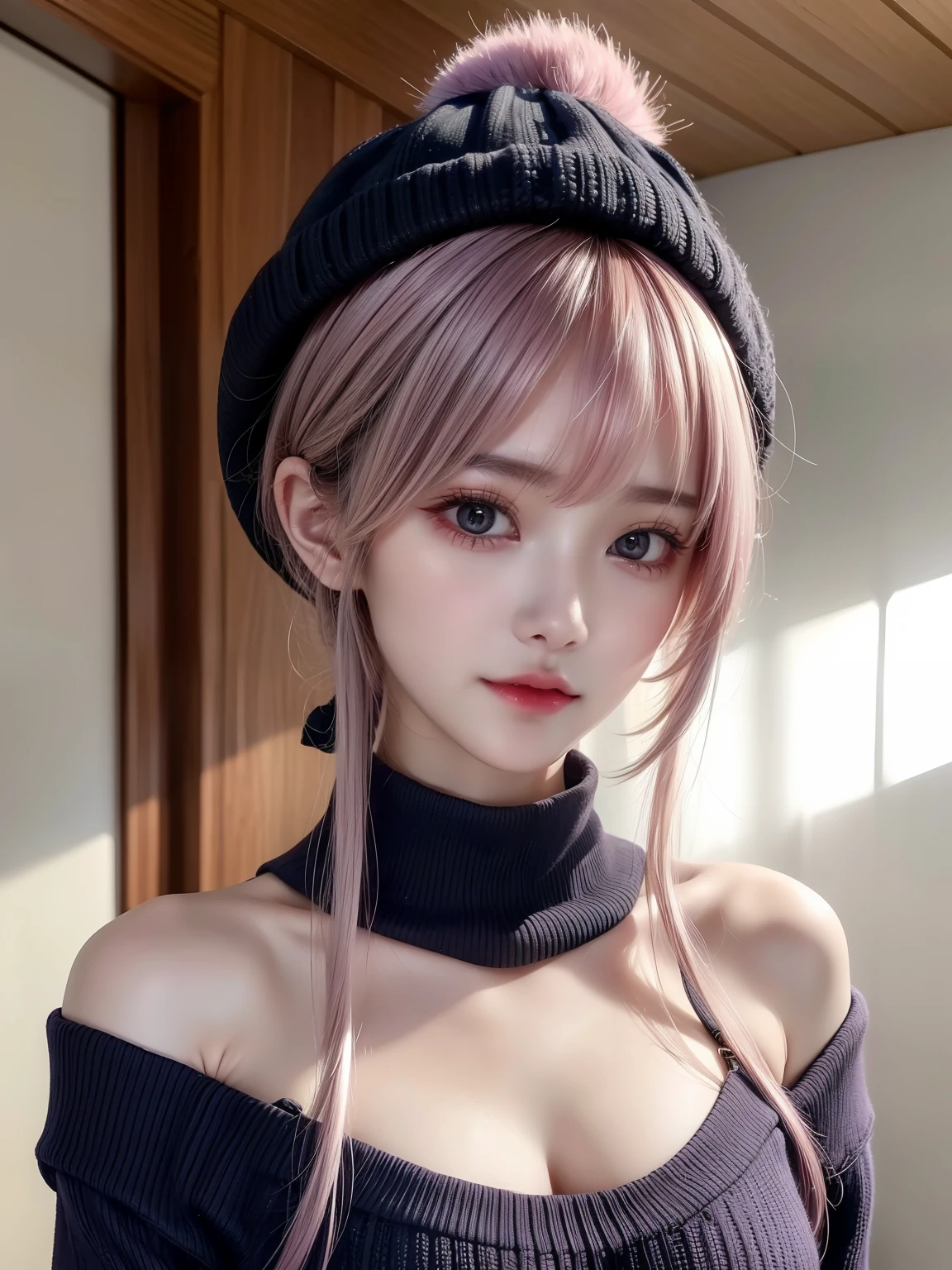 (masuter piece:1.3)、(8K、Photorealsitic、Raw photography、top-quality: 1.4)、(1girl in)、beautiful countenance、(Live-action photography)、(are visible)、(Ash-purple two-tone hair、short-hair:1.3)、(Busty Boobs)、Hoodie without front closure、((sexy revealing clothes))、Beanie、Wearing a knitted cute pom-pom hat、(Display hats on the screen)、realisticeyes、Beautiful details、（real looking skin）、Beautiful skins、absurderes、enticing、 high resolution、A hyper-realistic、high-detail、the golden ratio