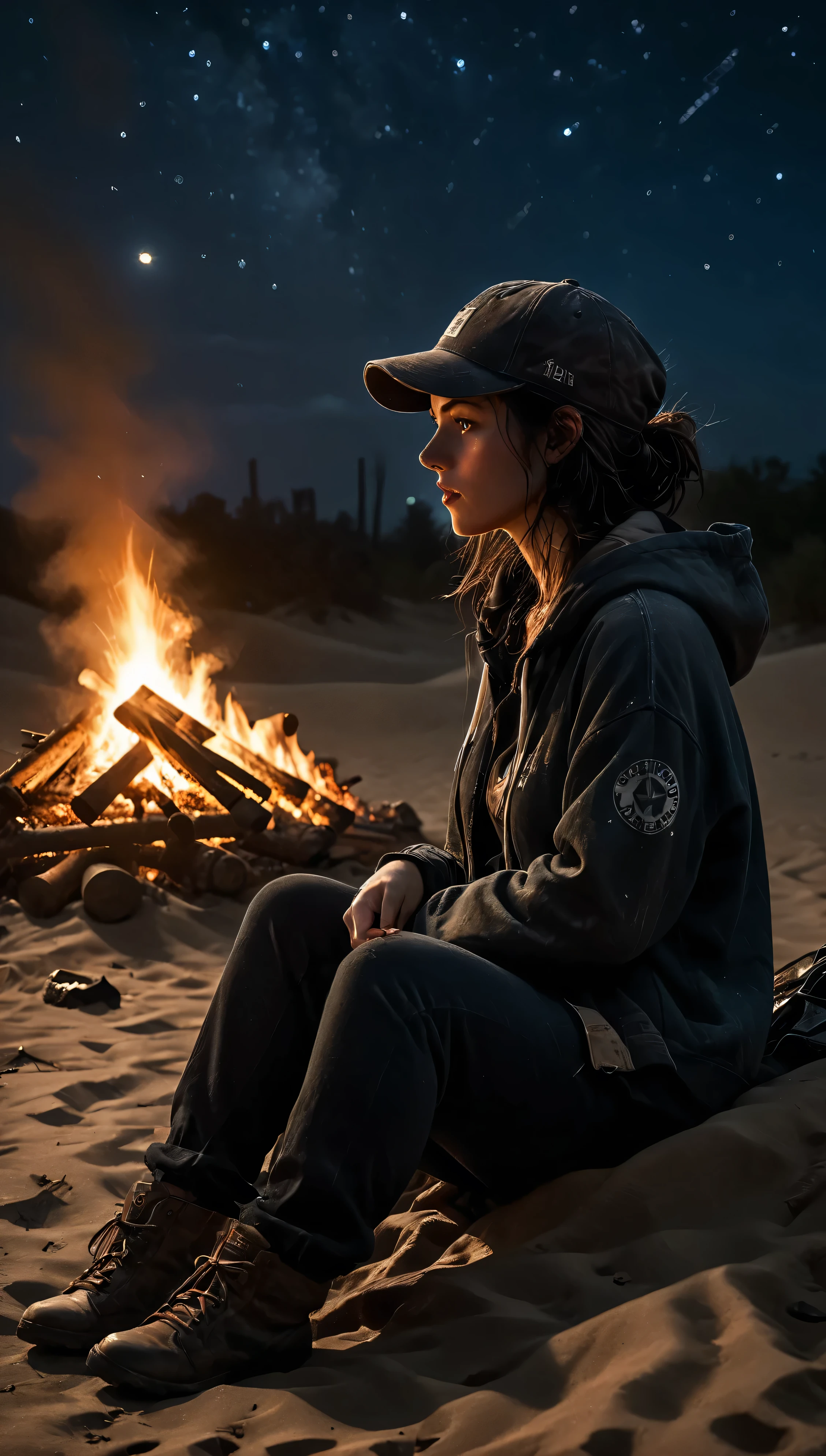 A photorealistic picture, (masterpiece), best quality, realistic, full body portrait, real picture, enhanced details, depth of field, post-apocalyptic world, city (no power), (dark), (ruined), (no light), sand, dunes, wrecked cars, stars in the sky . woman, dressed in modern style with old worn clothes, baseball cap and hoodie, dirty clothes, A dark night in a deserted city, the only light comes from a small campfire. woman sits near campfire. A rifle lies on the ground beside her. She looks thoughtfully at the stars in the sky. lots of details,real face, real silhouette, Fujifilm XT3, outdoors, night, nice lighting, dynamic, RAW, 8k, hdr, uhd, film grain