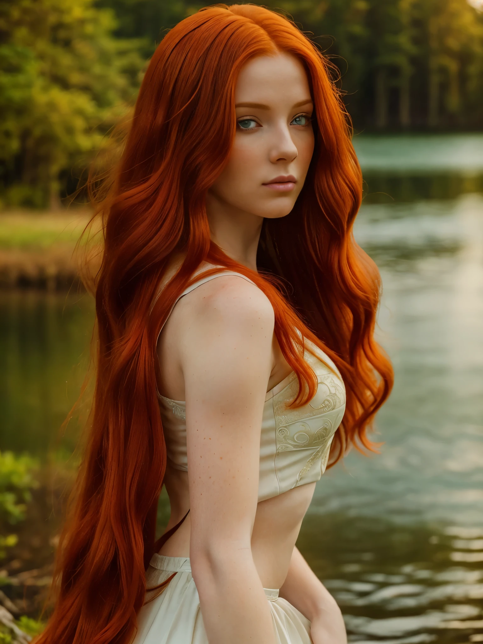 a beautiful redheaded woman with long flowing red hair standing in front of a serene lake, ethereal beauty, gorgeous redhead goddess, stunning red haired young woman, flowing ginger hair, piercing green eyes, detailed facial features, porcelain skin, elegant pose, natural lighting, photorealistic quality, vibrant colors, dramatic lighting, cinematic composition, fantasy art style