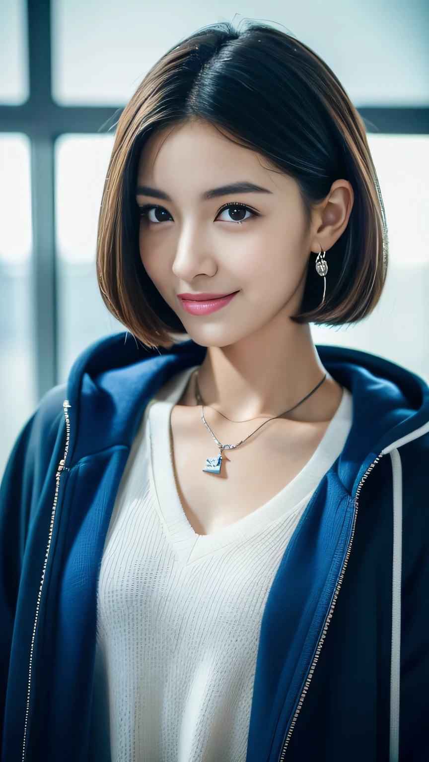 (((32k,Very high resolution, Attention to detail, Very accurate,Masterpiece Girl 1))),RAW Photos & Realistic atmosphere,Beautiful dark blue eyes,Mouth details,Glossy lips,Fine eyebrows,Soft white skin that shines in every detail,,Detailed drawn eyes、Very beautiful eyes with blue pupils,Detailed lips、Very beautiful face,Very well-formed face、A vivid face,Beautiful, shining lips,Beautiful Eyebrows,Infinite Reality,Best Design,(A very cute, lively and aggressive 16-year-old Japanese girl,,Toned body,Perfect gal leader model,Beautifully shaped breasts,Very cute beautiful girl,Girl:1.5),The best natural makeup,Japanese Ido,Korean Idol,Young sensual idol,Watery eyes,Dark and beautiful eyes,Beautiful ass,Beautiful feet,,Camel foot,:1.3),超A high resolution、,Natural and realistic faces,Backlight,Her pure eyes are so cute,(((Photorealism,Photograph the whole body))),,Reality Live Action,(Simple Earrings,necklace,shiny nail art,She is wearing a long black coat over a blue light-colored sweatshirt hoodie,Wide Slack Pants,White sneakers,Beautiful Fashion,Blonde Short Hair,solo,,Smiling faintly,Esbian all over:1.7),(Showing off full-body fashion,:1.8)
