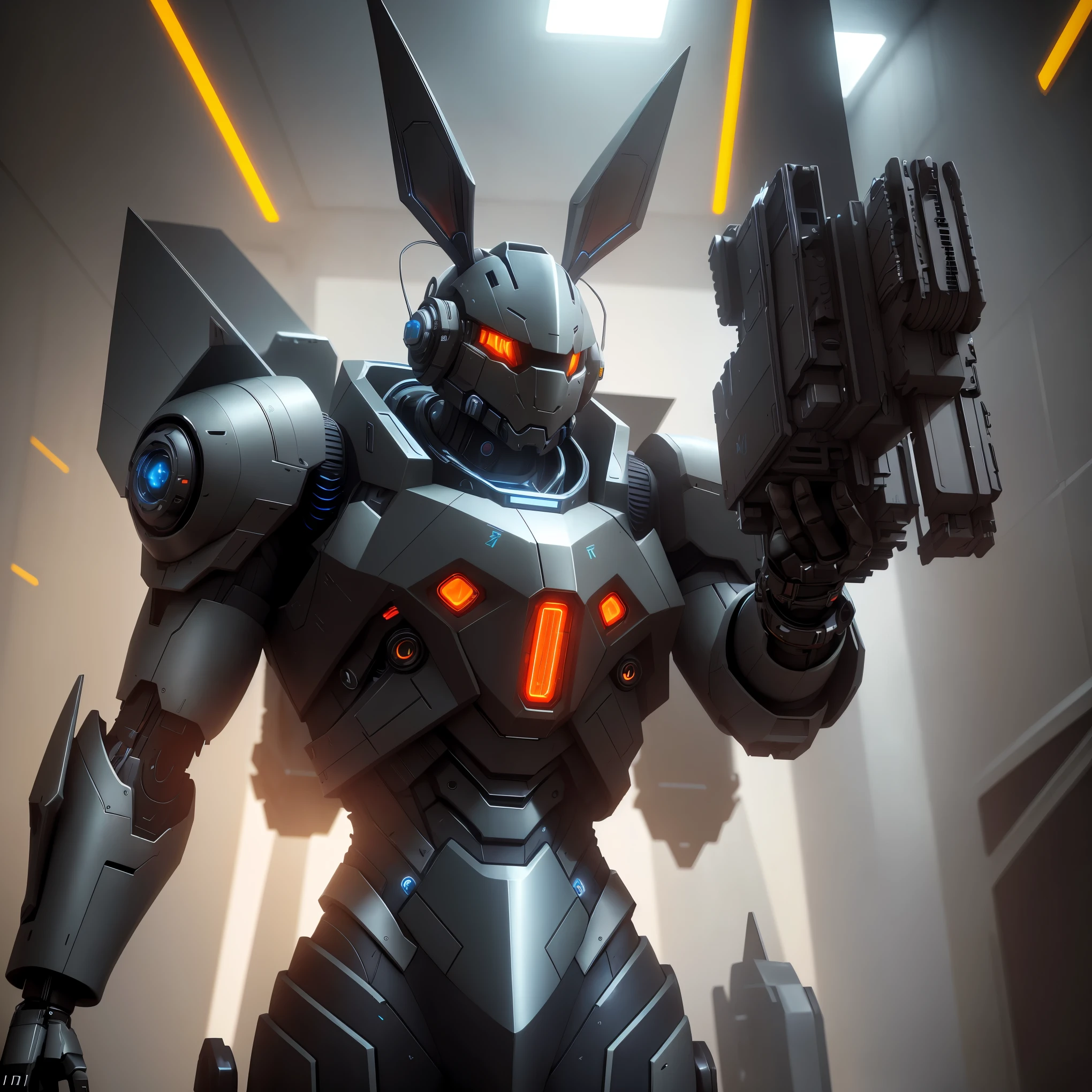 A mech with rabbit ears in a futuristic combat stance, rich in details, steel texture, cool and sci-fi vibe, enhanced by studio lighting effects like HDR and ultra-fine painting, set against a sci-fi background, highres, vivid colors, with a focus on realistic rendering and extreme detail description.