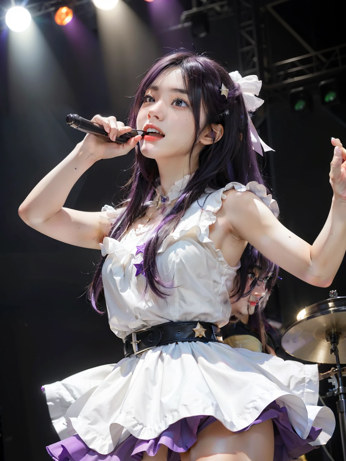 (((Purple hair)))、Ai Hoshino, Ai Hoshino, Hair between the eyes, hair ornaments, ヘアribbon, Long Hair, One side up, (Purple eyes), Purple Hair, ウサギのhair ornaments, (Star-shaped pupils:1.5), Symbol-shaped pupil,Brake belt, Black belt, brooch, dress, (((ピンクと赤のdress, Frillsのdress))),Ruffled gloves, Frills, gloves, ハートbrooch, Idol, Idol clothes, jewelry, Pink gloves, 赤いribbon, ribbon, タートルネックdress,break looking at viewer,Indoor rest,break (Tabletop:1.2), highest quality, High resolution, unity 8k wallpaper, (figure:0.8), (Beautiful fine details:1.6), Highly detailed face, Perfect lighting, Highly detailed CG, (Perfect hands, Perfect Anatomy),Laughing with your mouth open、Concert Venues、live house、stage、Cowboy Shot