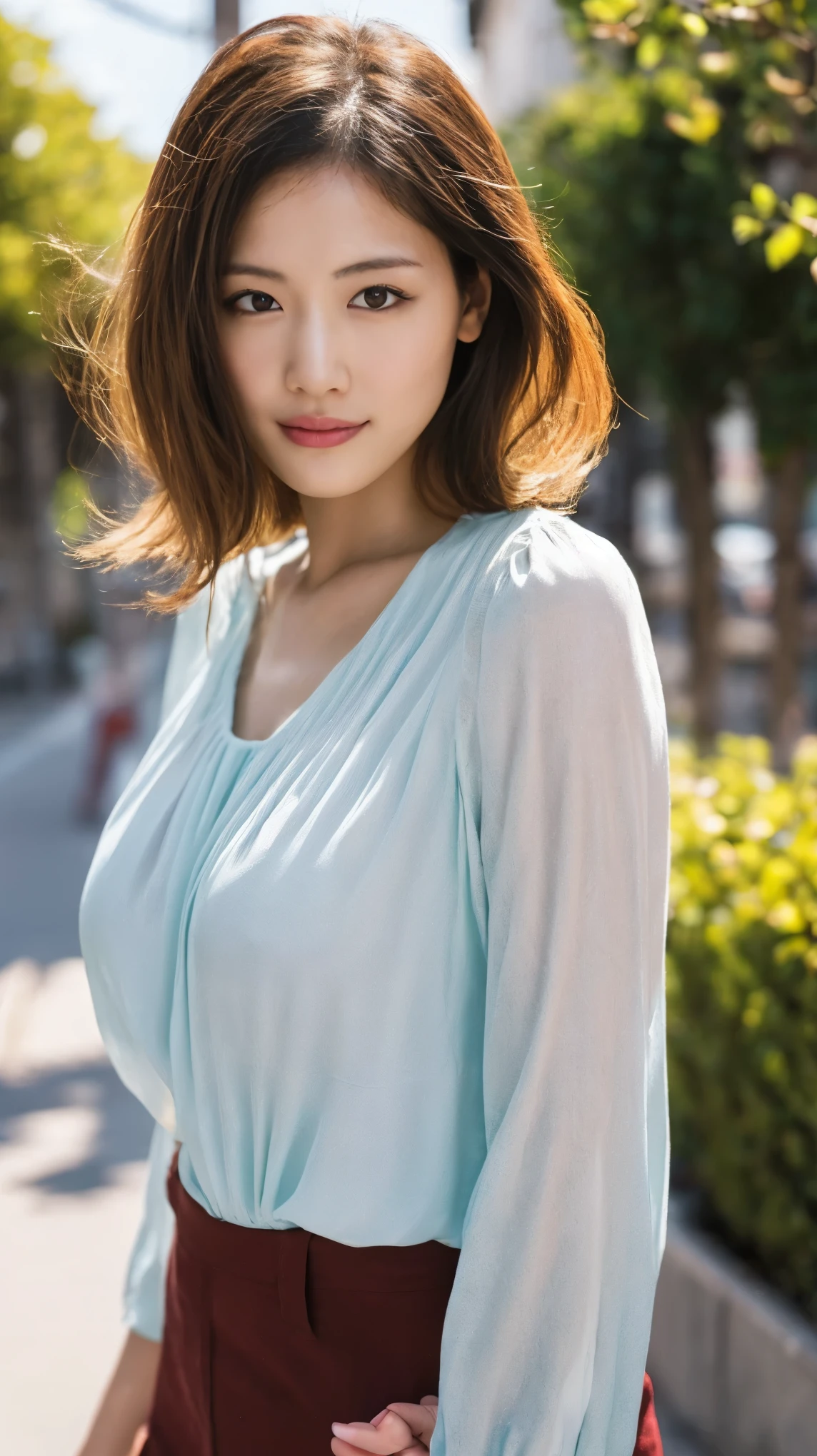 highest quality, One girl, (Skin Hollow), (Large Breasts), (Day), bright, Background Blur, Outdoor, (street:0.6), (hair:1.5), (blouse:1.5), nice, (hair Float:1.5), Soft Light, Wind, garden, street