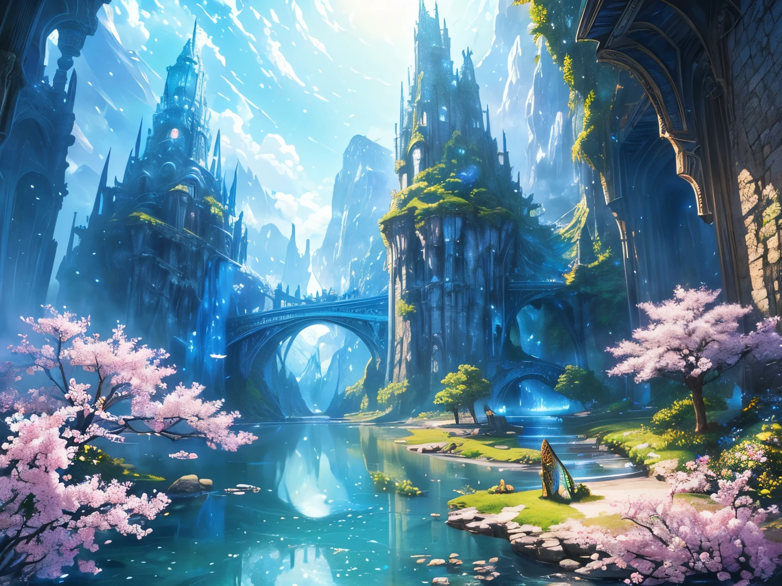 ((highest quality)),(ultra high resolution),(Super detailed),(detailed description),((best CG)),(best work of art),super precision art,amazing drawing art,(Fantasy art with precise details:1.5), Utopia of eternal spring,coloured butterflies、The blue sky spreads everywhere、clear stream、small flowers々、