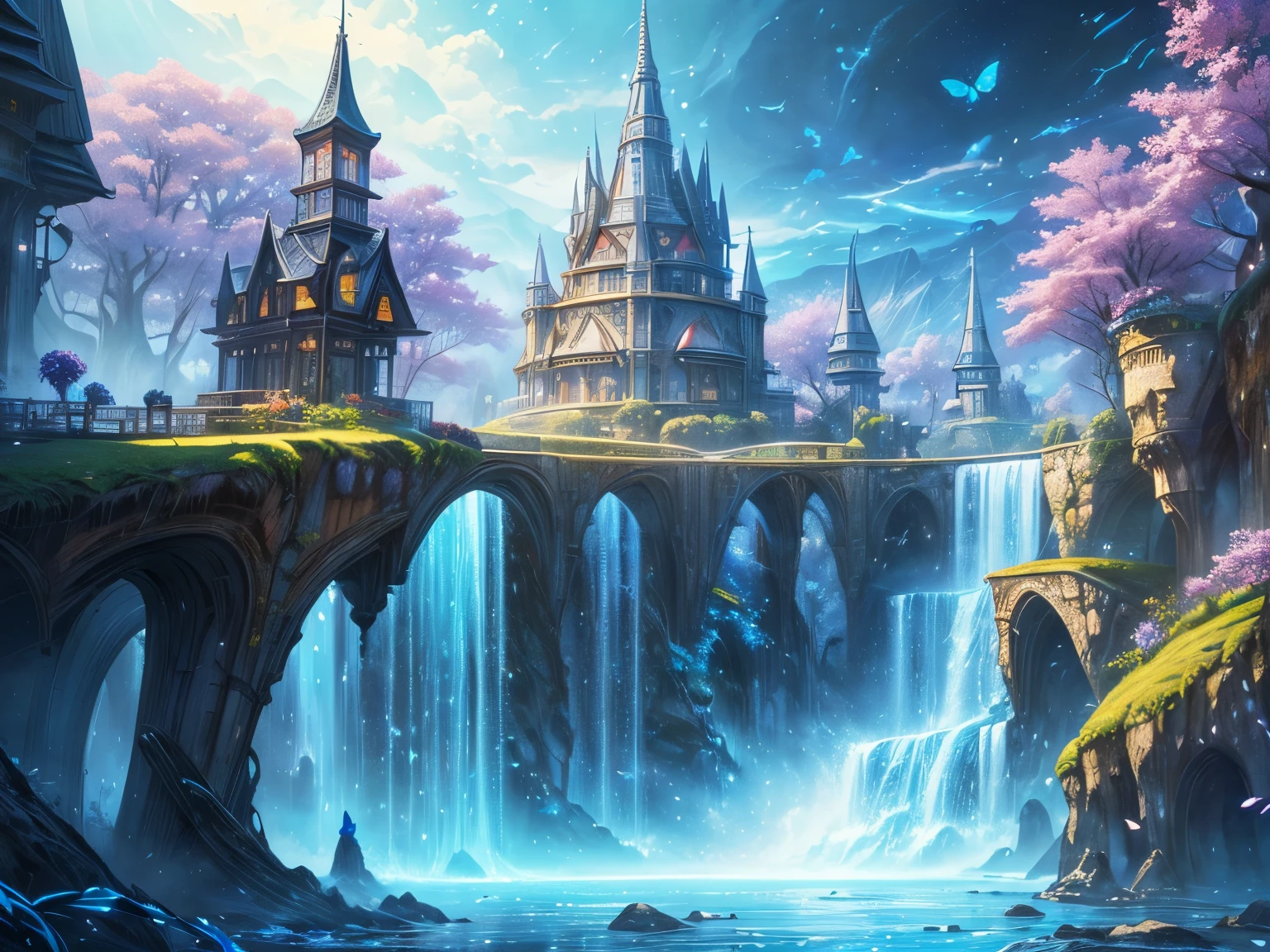 ((highest quality)),(ultra high resolution),(Super detailed),(detailed description),((best CG)),(best work of art),super precision art,amazing drawing art,(Fantasy art with precise details:1.5), Utopia of eternal spring,coloured butterflies、The blue sky spreads everywhere、clear stream、small flowers々、