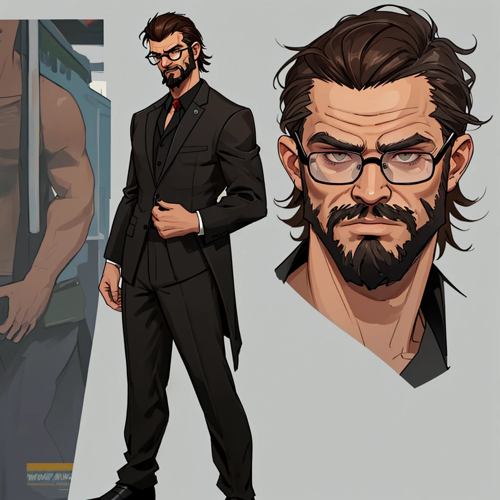 a tall man, extremely detailed face, brown hair and beard, black glasses, wearing a black suit, full body shot, GTA V style