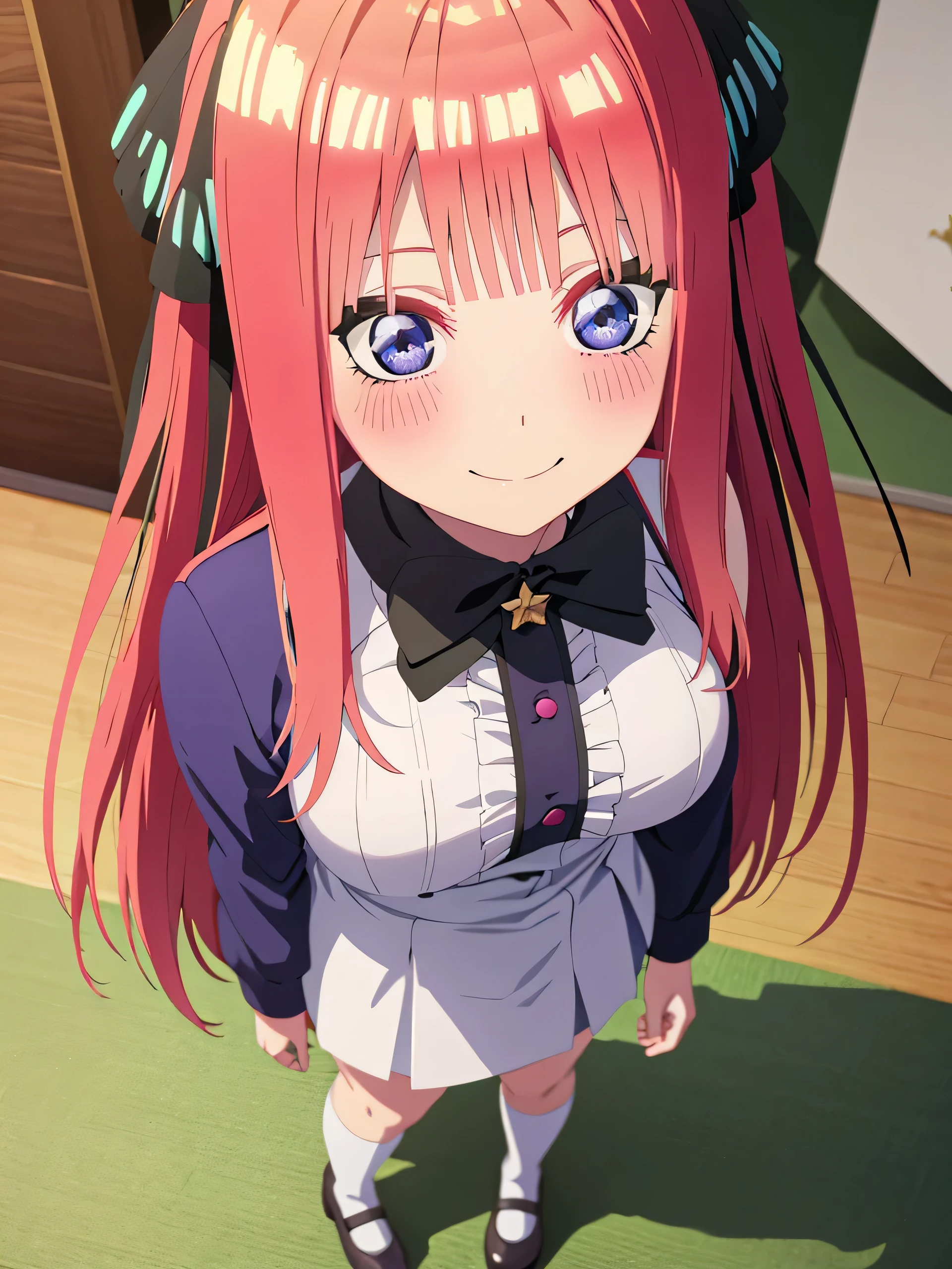 best quality, ultra-detailed masterpiece, anime art style, cute characters, nino nakano, breasts, blush, smile, full body, uniform