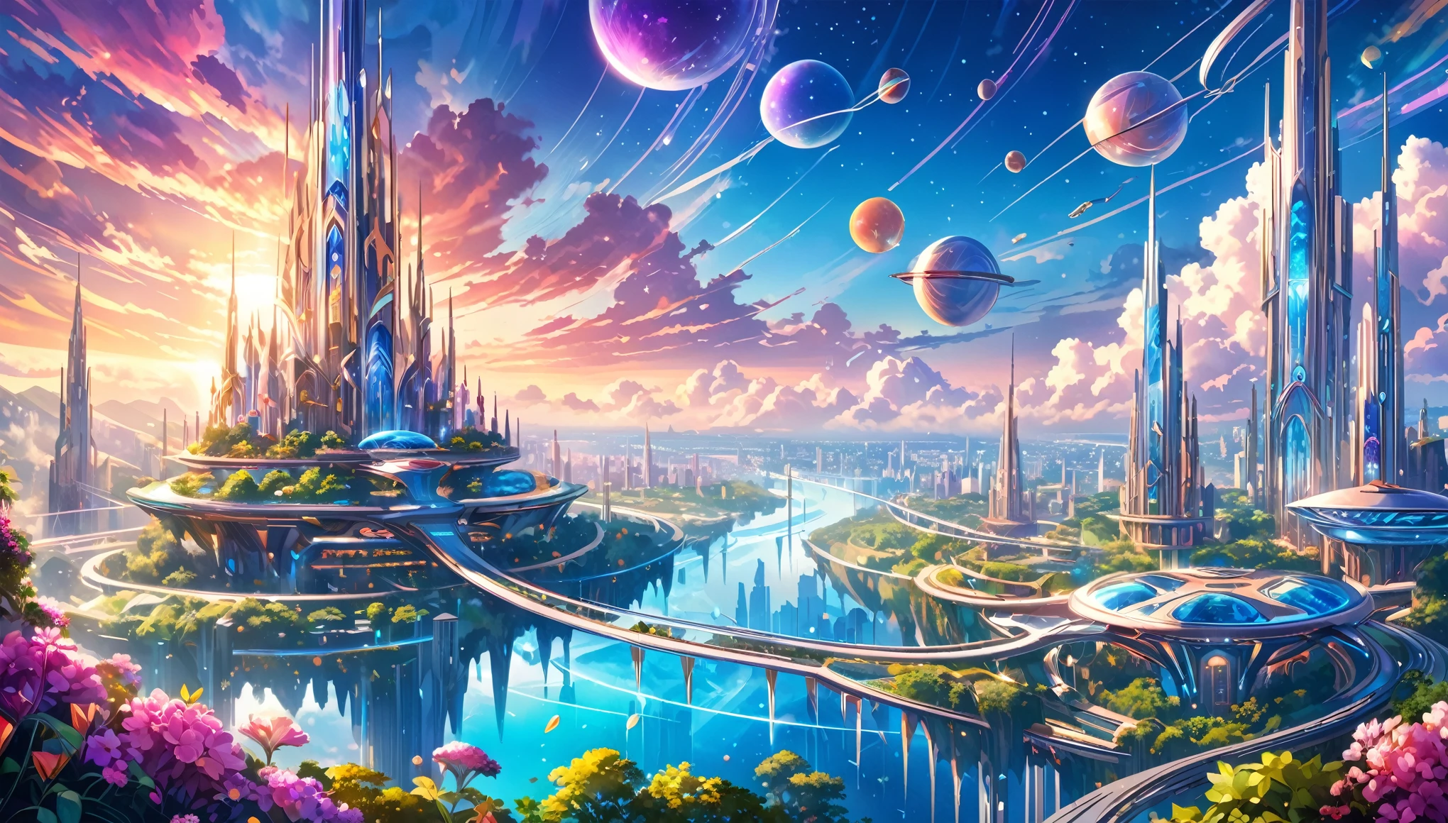 (in the style of futuristic:1.8),Generate realistic future landscapes,beauty, Gorgeous and romantic building, Flying Future Complex, crystal waterfalls from Flying Future Complex, And highly refined flowers, this is the flying city of the future people. These futuristic cities look like they were carved from sparkling gemstones, Clear and intricate details, Added realism,The clouds in the colorful sky scatter into beautiful twinkling stars, The deep blue and purple light in the sky is mesmerizing, Create a charming atmosphere. Contains multiple different levels,Strong visual interest. The environment is huge,Awesome, This is a macro photo. The general atmosphere is peaceful., Serenity and highly refined sweetness. Contains interesting fantasy elements,Its colors complement the rest of the landscape. The sky should be very detailed. The landscape should be very detailed. All buildings should be decorated with intricate details. Contains a shiny futuristic vibe, Distributed glass cover, Colorful, Lots of futuristic little details, Including rainbow, Professionally crafted spectacular landscapes, sparkling. Contains lots of bright colors and blurry, hyper-realistic details. camera: Use dynamic compositions to create interest and excitement. Computer graphics and image processing, Unreal Engine, unified engine, ((masterpiece)), high resolution, 8k, Best image quality, High image quality, High image quality, High image quality, 16,Raw, Ultra High image quality, Super Detail, Fine details, Extremely refined, Extremely detailed, Realistic shadows, cartoon, very detailed painting, Award-winning glamor, Wonderful paintings, Art style, Stylization ,