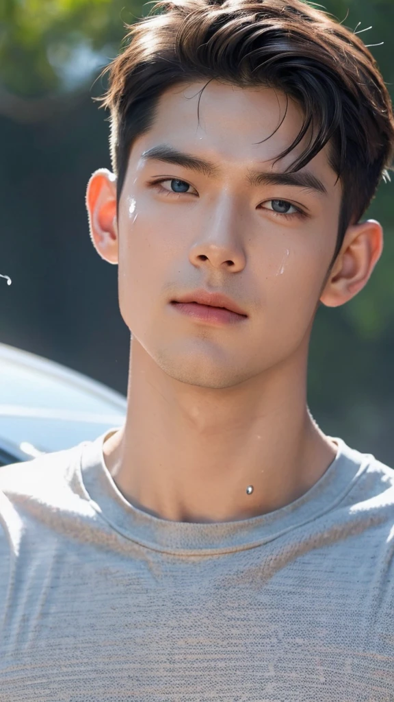 Hot potrait of male model, sweaty and sperm drop on his face