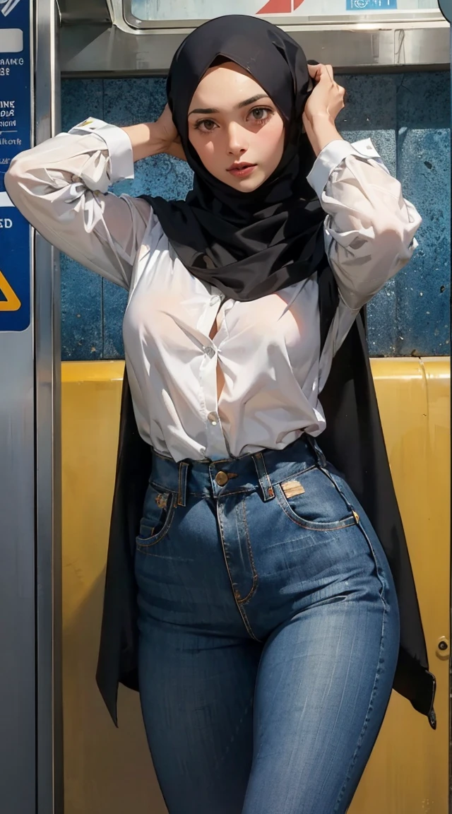 A woman trapped in the haunted subway station, wearing hijab, white shirt, pull down her sagging jeans, panties accidentally exposed, hands on her head 