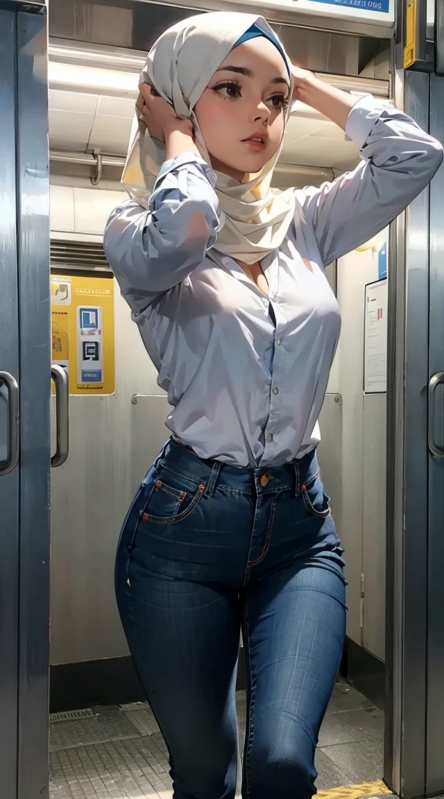A woman trapped in the haunted subway station, wearing hijab, white shirt, pull down her sagging jeans, panties accidentally exposed, hands on her head