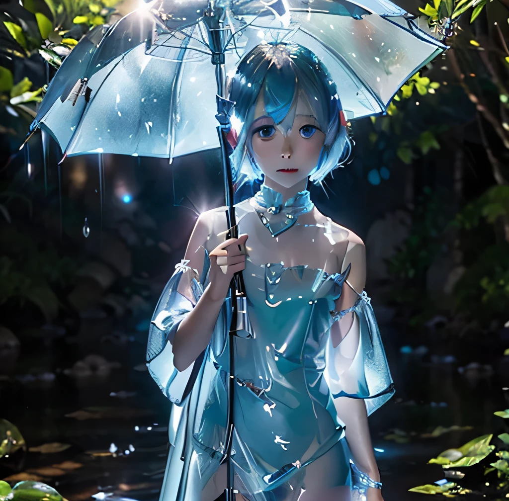 In a vivid anime scene、Focus on the bright rain elements with abundant shiny reflections. The girl with the pink bob hair and reflective blue eyes、She brings more punk and whimsical elements to her sheer outfits.。, Accessorized with blue butterfly accessories and a wide umbrella. Abstract rain sparkle chaos background、There are plenty of light effects with scattered rain and focused bubble sparkles。, The light shining from behind、(((Land of Mirrors)))、. The artwork combines rich textures, Detailed line drawing, Cel Shading, Vibrant colors, Highlighting the luxurious charm of rain.