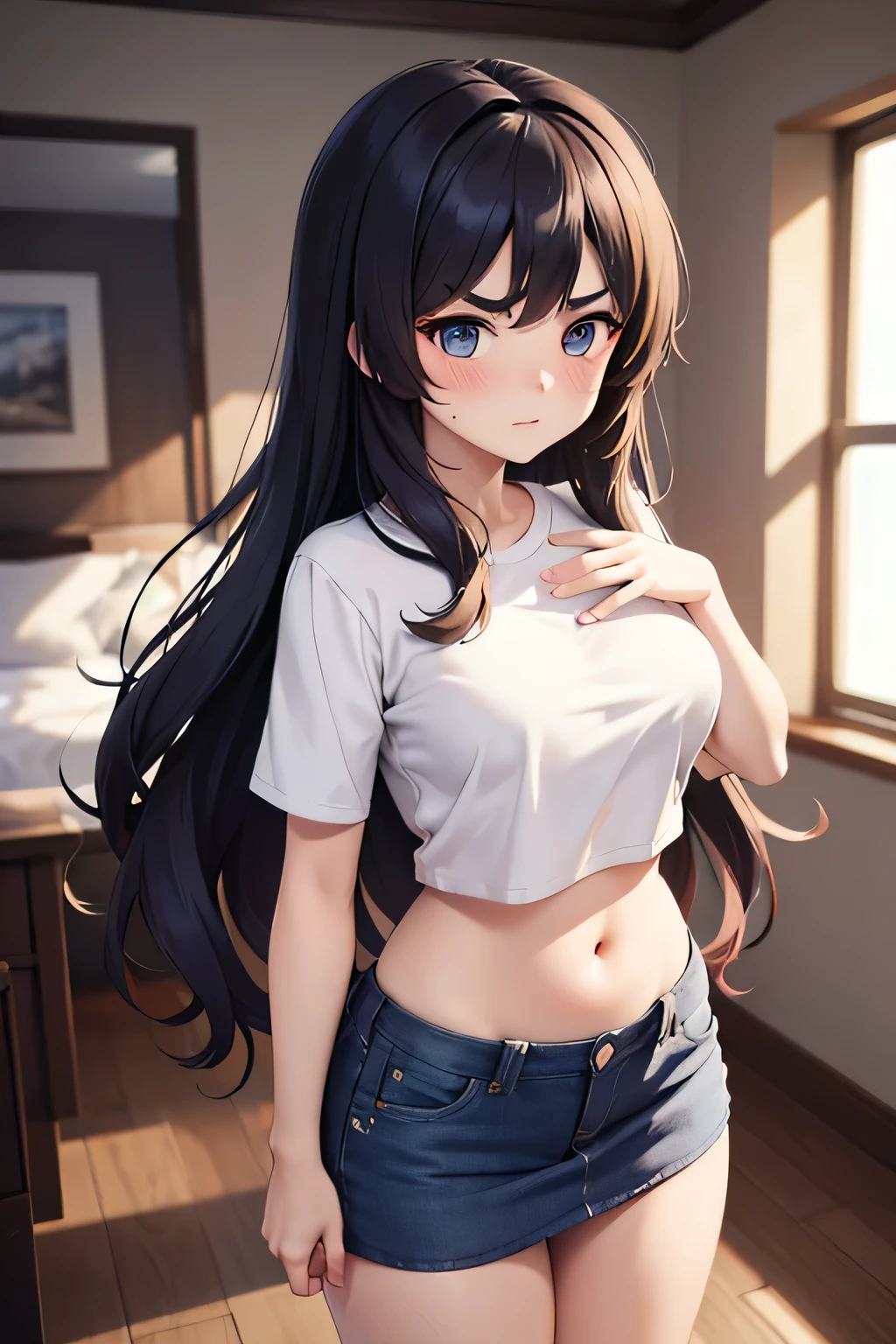 super fine illustration, vibrant colors, masterpiece, sharp focus, best quality, depth of field, cinematic lighting, ultra detailed, crop top, t-shirt, skirt, belly button, wide hips, 1 woman, home, solo, milf, very messy hair, long curly hair, slender, blush, embarrassed, room, indoors, mature female, tall woman, looking down, v-shaped eyebrows,