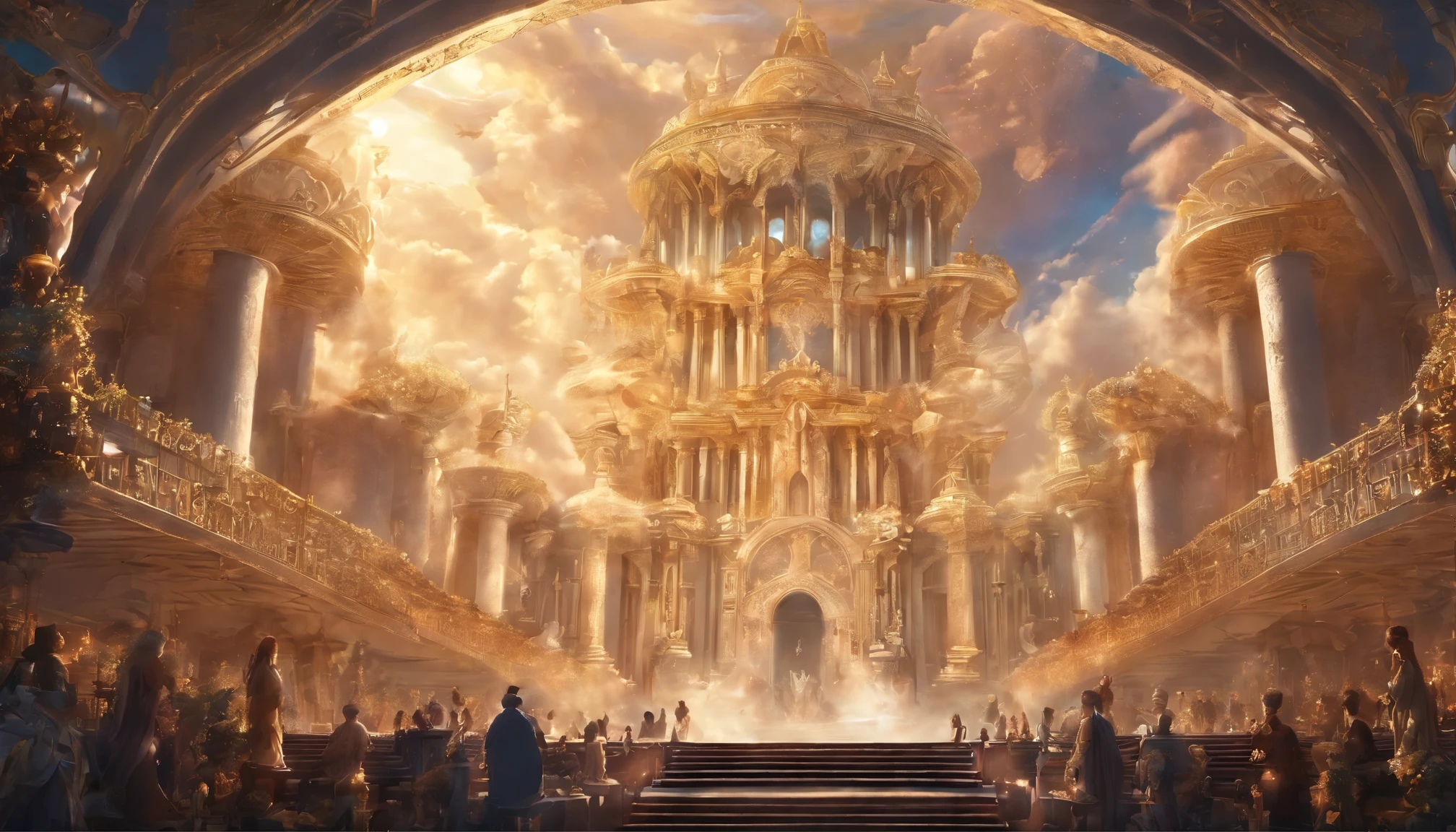 The Rapture ,Thousands of people are floating in the air,Standing on the clouds, Thousands of people are dressed in white, Raise your hands and sing hymns to praise God. The scenes are magnificent and surreal. (Best Quality, 4k, 8K, high resolucion, Masterpiece:1.2), Ultra-detailed, (realisitic, Photorealistic, Realistis:1.37), portrait of a, Vivid colors, studio lit, Sharp focus, physics based rendering, extreme detail description, Biblical Topics, grand ambience, radiant light.