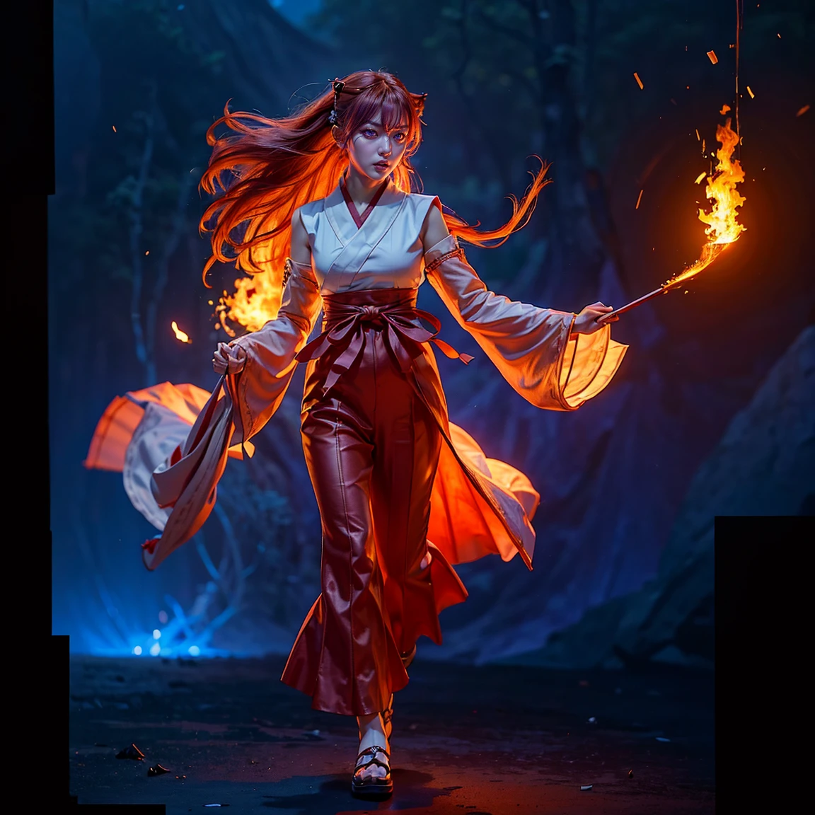 ultra-detailed, Explicit, Beautiful body, Beautiful Nose, Beautiful character design, perfect eyes, perfect face, ultra highres, 4K, beautiful legs, perfect legs, Nice hands, Perfect hand, Masterpiece, Best Quality, Highly detailed, illustration, absurdres, perfect anatomy, (angry face), glowing eyes, looking at viewer, mystic aura, female priestess, full body, goddess-like, mystic trance, perfect female body, (angry stare, japanese clothes, miko, detached sleeves, hakama, hakama skirt, red hakama, ribbon-trimmed sleeves, (serious stare), purple eyes (mystic fire in her eyes), horns, extending the right arm from the shoulder into the air with a straightened hand, 1girl, hair ornaments, orange redhair, long hair, purple eyes, red fire pupils, (((pixel-perfect, detail-perfect))), solo, 1girl, Hanyuu, higurashi when they cry, umineko when they cry, medium sized natural breasts, furious face, extremely angry facial expression, eye with flames surrounding it, fantasy art, angel eyes, amazing detail digital art, stunning digital art, amazing digital art, detailed fantasy digital art