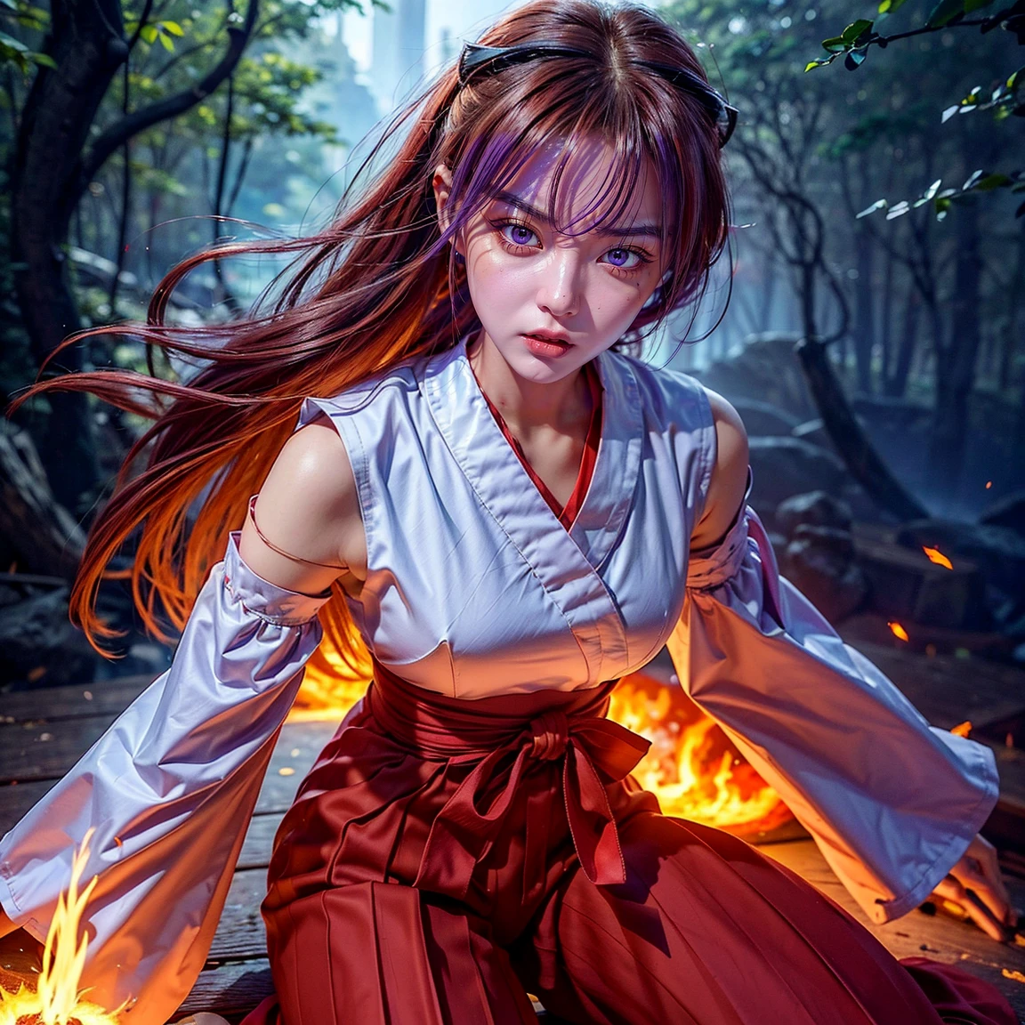 ultra-detailed, Explicit, Beautiful body, Beautiful Nose, Beautiful character design, perfect eyes, perfect face, ultra highres, 4K, beautiful legs, perfect legs, Nice hands, Perfect hand, Masterpiece, Best Quality, Highly detailed, illustration, absurdres, perfect ???????, (angry face), glowing eyes, looking at viewer, mystic aura, female priestess, full body, goddess-like, mystic trance, perfect female body, (angry stare, japanese clothes, miko, detached sleeves, hakama, hakama skirt, red hakama, ribbon-trimmed sleeves, (serious stare), purple eyes (mystic fire in her eyes), horns, extending the right arm from the shoulder into the air with a straightened hand, 1girl, hair ornaments, orange redhair, long hair, purple eyes, red fire pupils, (((pixel-perfect, detail-perfect))), solo, 1girl, Hanyuu, higurashi when they cry, umineko when they cry, medium sized natural breasts, furious face, extremely angry facial expression, eye with flames surrounding it, fantasy art, angel eyes, amazing detail digital art, stunning digital art, amazing digital art, detailed fantasy digital art