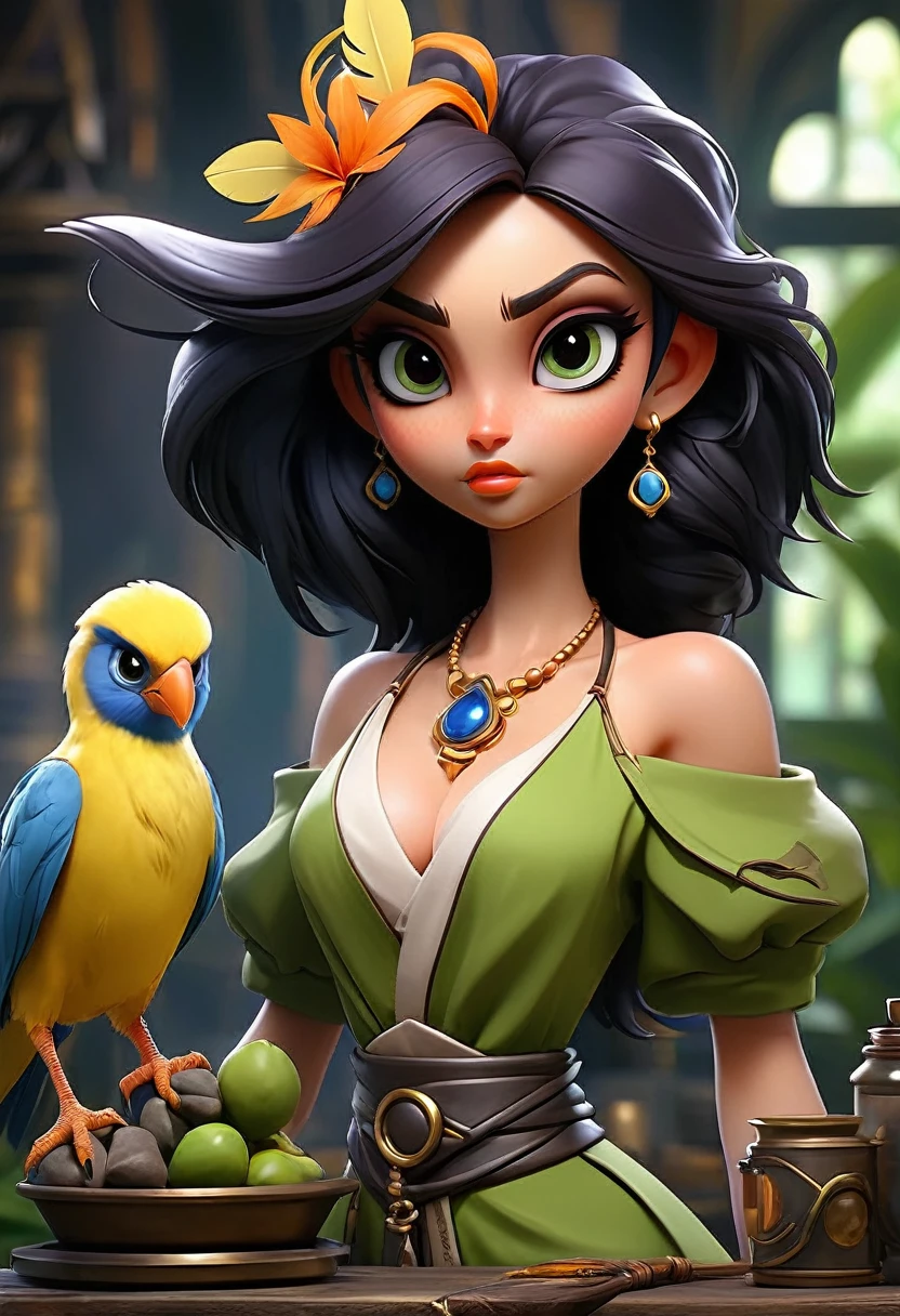 A lovely woman is part tropical bird, she has an amazing sexy figure, lovey detailed face with sharp features, over large eyes, patches of bright feathers. She is working as an alchemist (SFW) Show her entire body, set in an alchemy lab