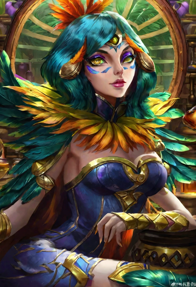 A lovely woman is part tropical bird, she has an amazing sexy figure, lovey detailed face with sharp features, over large eyes, patches of bright feathers. She is working as an alchemist (SFW) Show her entire body, set in an alchemy lab
