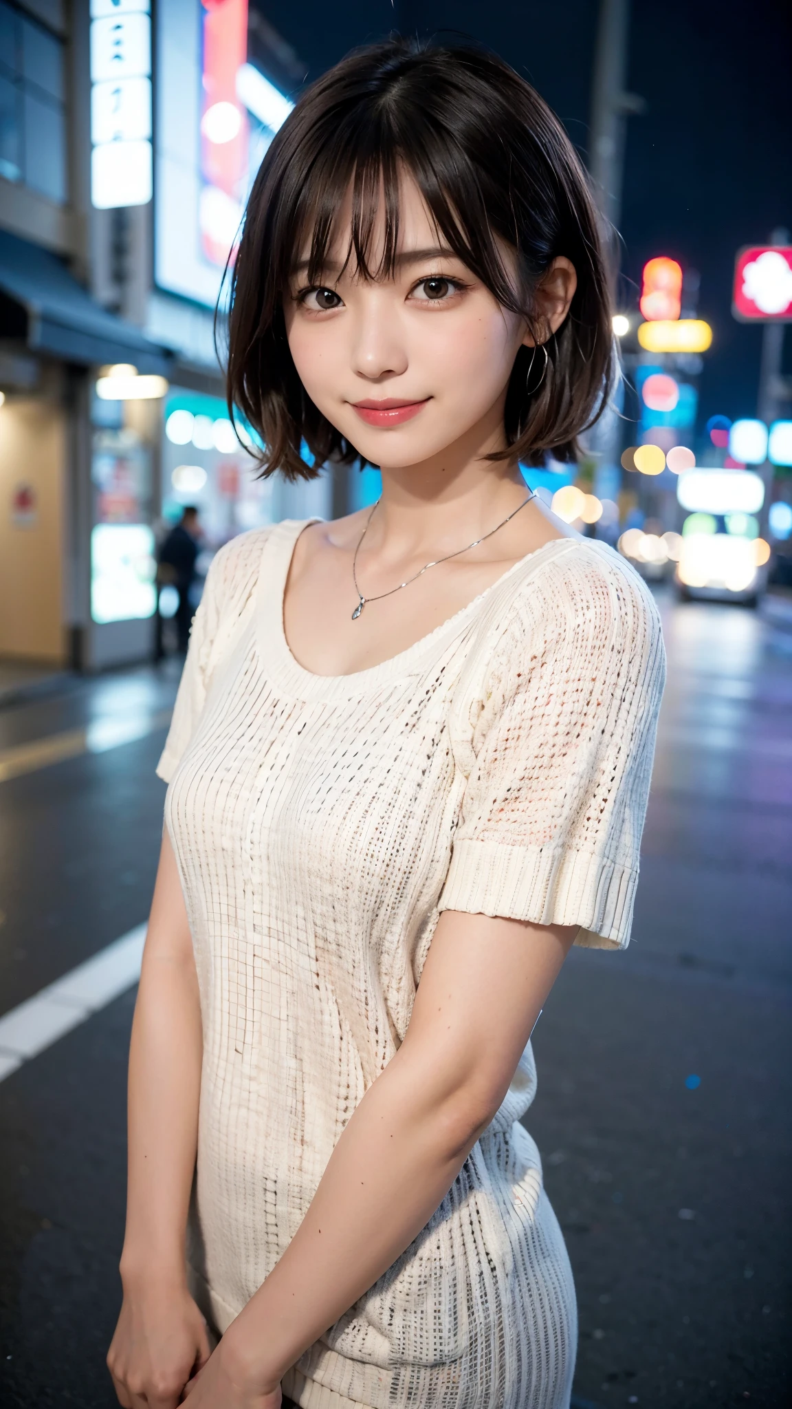 Tokyo night view、Street lamp、((White knit))、Roll up your sleeves、1 beautiful girl, Fine grain, Swollen eyes, highest quality, Ultra High resolution, (reality: 1.4), Original photo, One girl, Cinema Lighting, Japanese, Asian Beauty, Korean, so beautiful, Beautiful Skin, thin, Body facing forward, (Ultra-realistic), (High resolution), (8k yen), (Very detailed), (Best illustrations), (Beautiful and detailed eyes), (Very detailed), Detailed face, View Viewer, Look straight ahead, Dress neatly, short hair, Black Hair, 46 point diagonal bangs,((smile))、Silver necklace、