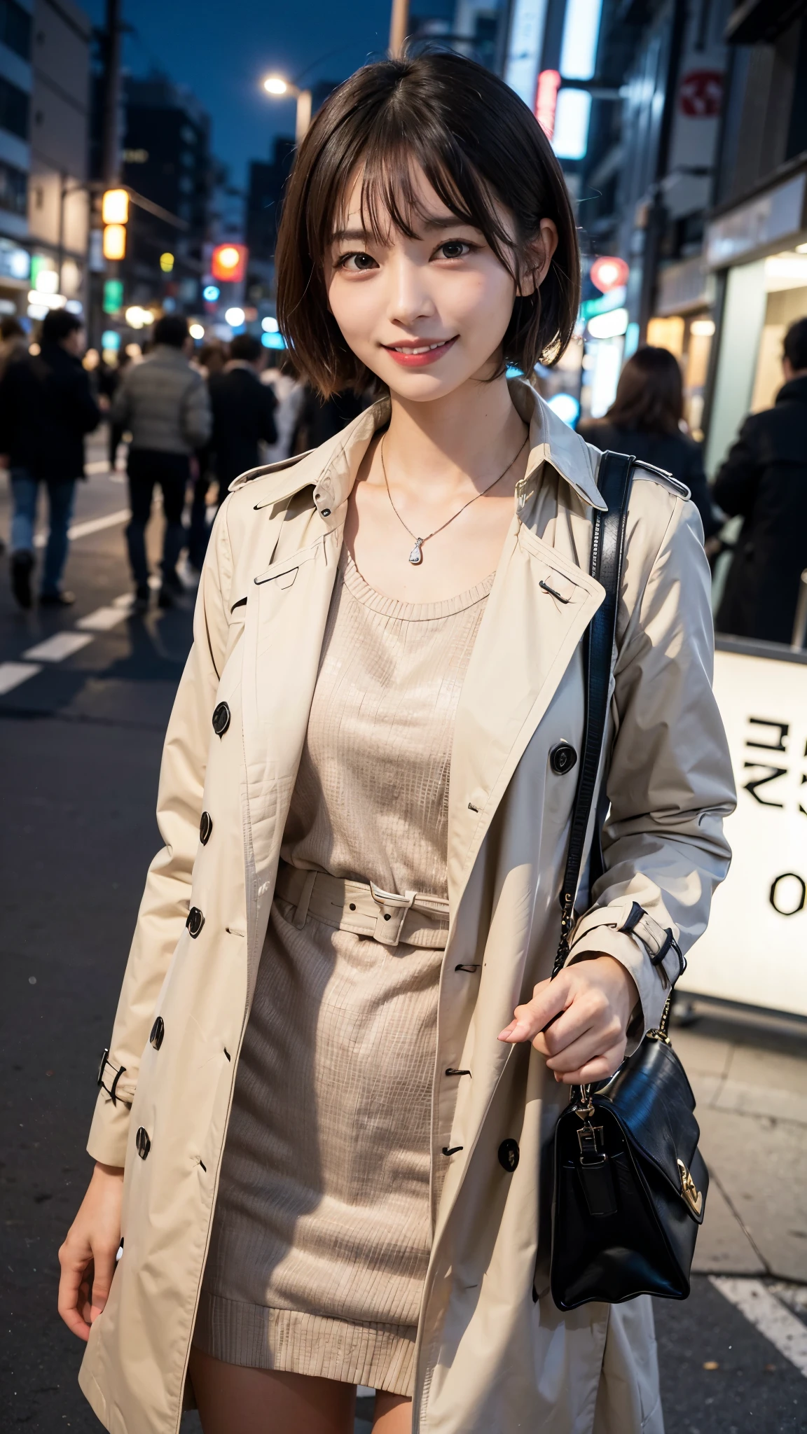 Tokyo night view、Street lamp、((Beige trench coat))、White knit、Black bag、1 beautiful girl, Fine grain, Swollen eyes, highest quality, Ultra High resolution, (reality: 1.4), Original photo, One girl, Cinema Lighting, Japanese, Asian Beauty, Korean, so beautiful, Beautiful Skin, thin, Body facing forward, (Ultra-realistic), (High resolution), (8k yen), (Very detailed), (Best illustrations), (Beautiful and detailed eyes), (Very detailed), Detailed face, View Viewer, Look straight ahead, Dress neatly, short hair, Black Hair, 46 point diagonal bangs,((smile))、Silver necklace、