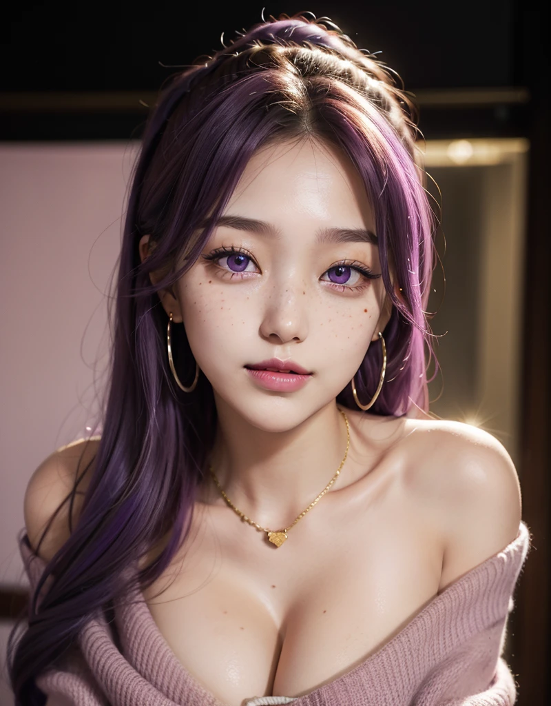 1 girl, slim head, 25 years old, south korean, idol, masterpiece, perfect face, soft skin, freckles under eyes, long soft fluffy purple hair, massive breast, shining purple eyes, red lips, natural makeup, red eyeliners, happy, big smile, leaning in for a kiss, kissing, pink earrings, gold necklase, off-shoulder sweater, facing the spectator, bright colors, portrait, hips-up, face focus.